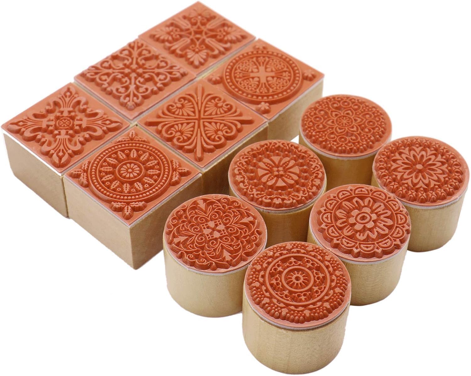12Pcs Rubber Stamps Round and Square Decorative Wooden Stamps Set, Wood Stamps for Crafting, Letters, Scrapbooking and DIY Craft Card