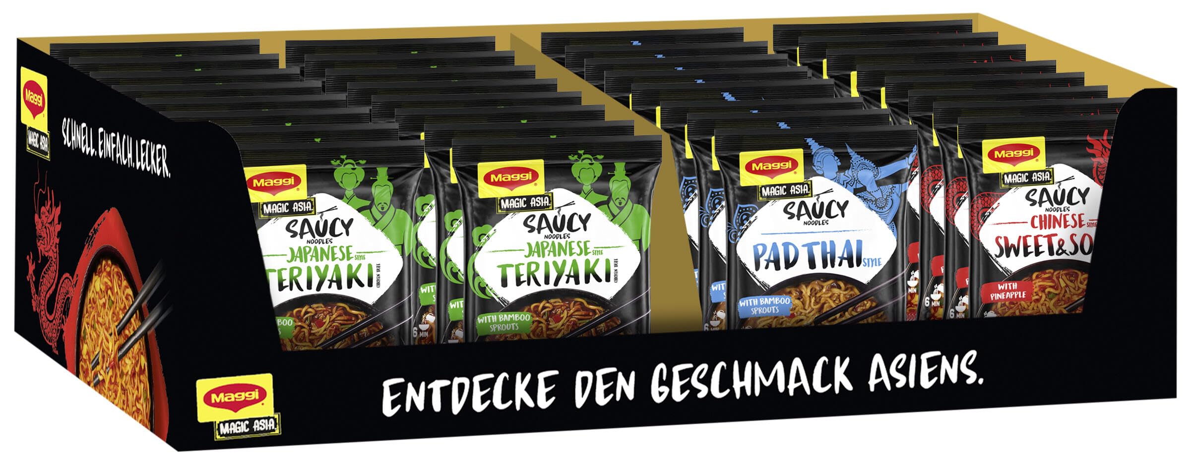 Maggi Magic Asia Noodle Sortimentsbox, leckere Fertiggerichte in 3 verschiedenen Geschmacksrichtungen, 32er Pack (32 Beutel)