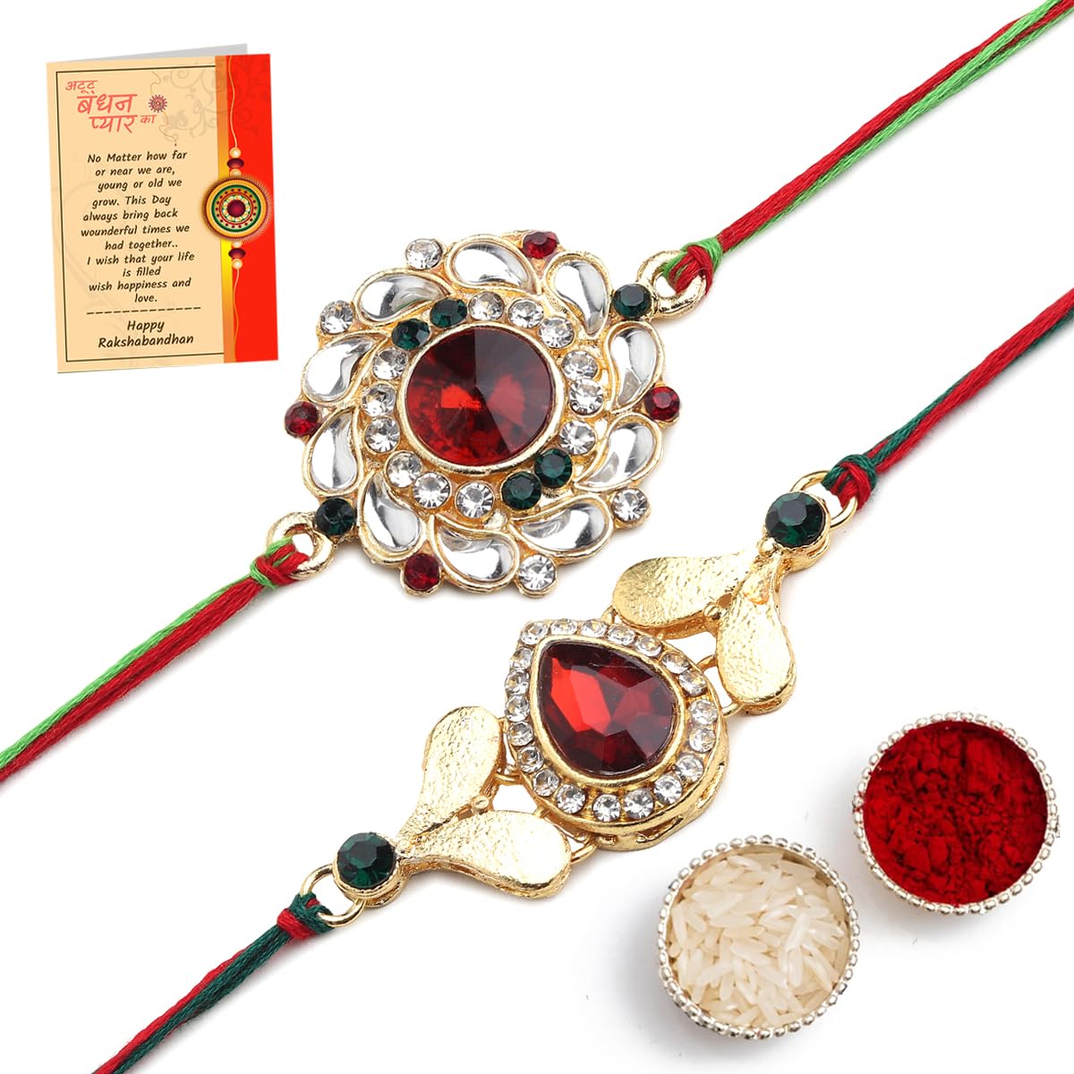 SKYTRENDS Rakhi For Men | Elegant Kundan Gold Plated Matel Rakhi (Set of 2 Rakhi) For Brother Rakshabandhan Rakhi For Bhai Brother With Roli Chawal and Greeting Card VL111 (B0CD5WPPGH) Amazon Price History, Amazon Price Tracker