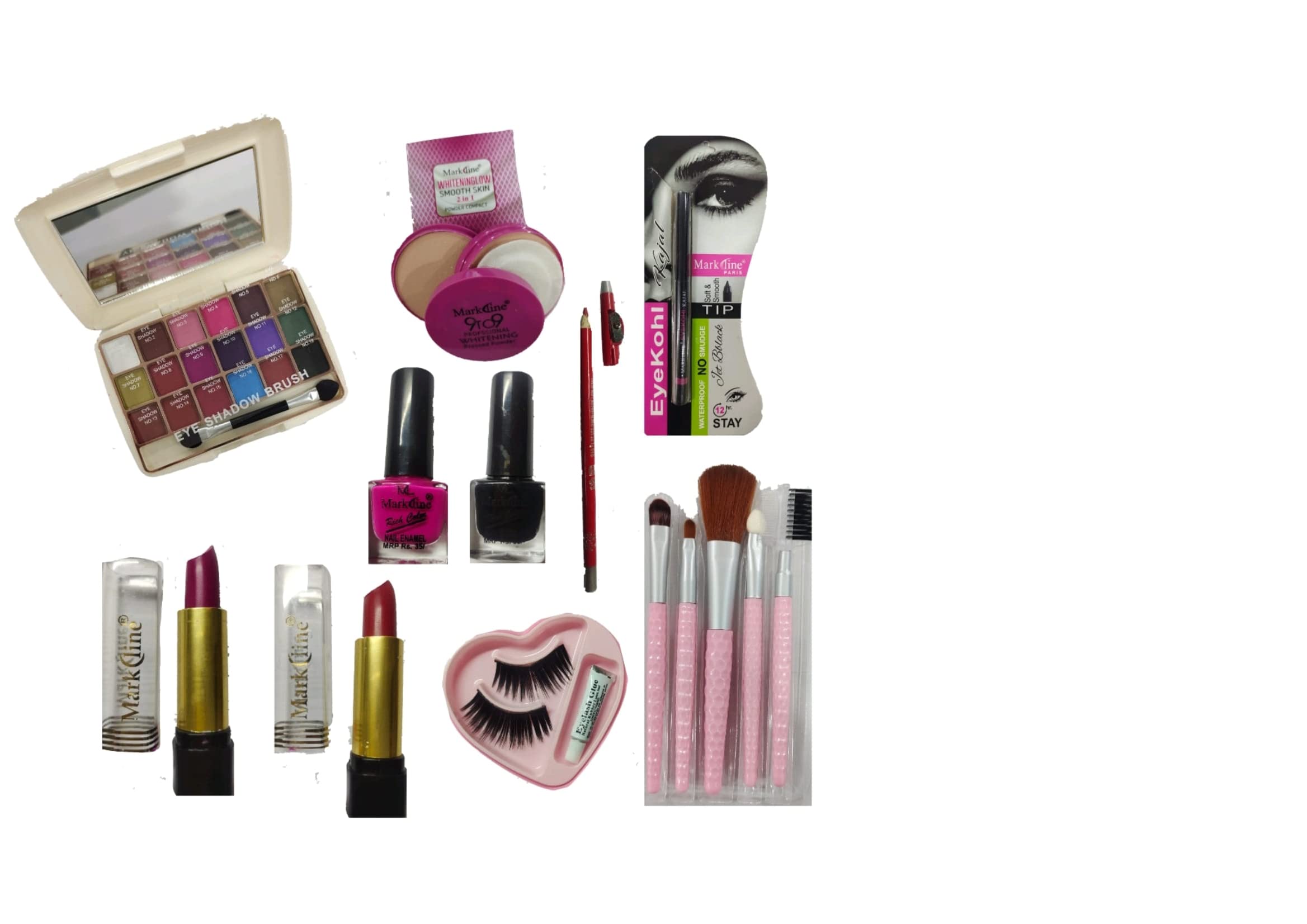 MARK LINE Makeup Kit With Eye Liner, Brush Set, Lipstick, Compact Powder, Nail Paint, Eye Lashes And Eye Shadow (Pack Of 7)