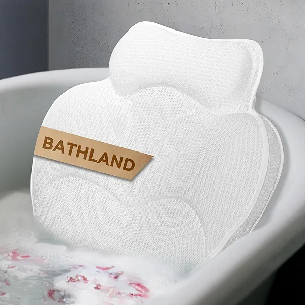 Bathland Bath Pillows for Tub - Luxury Bathtub Pillow Neck, Head, Back Support, Soft 4D Mesh Fabric and Non-Slip Suction Cups & Quick Dry, Fits All Tubs, Bath Soaking Accessories Spa Gifts, White