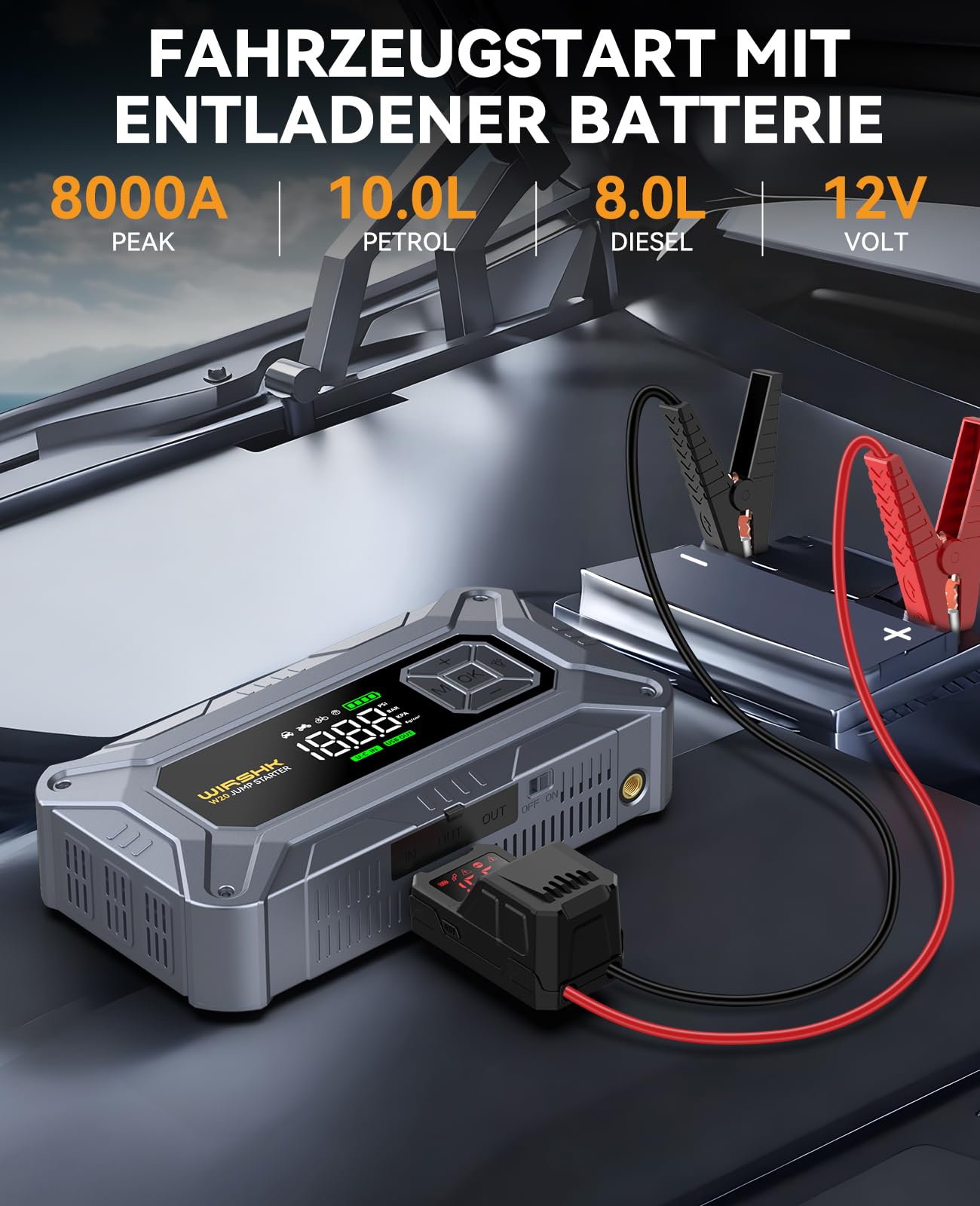 Batterie Booster 8000A, Auto Starthilfe mit 160PSI Luftpumpe für alle Benzinmotoren & bis zu 10L Diesel, mit Display und Notleuchte | Für alle Benzin & 10L Diesel, 27000mAh, Starthilfekabel, EVA-Tasche, Display, LED-Lampe, Motorrad, SUV