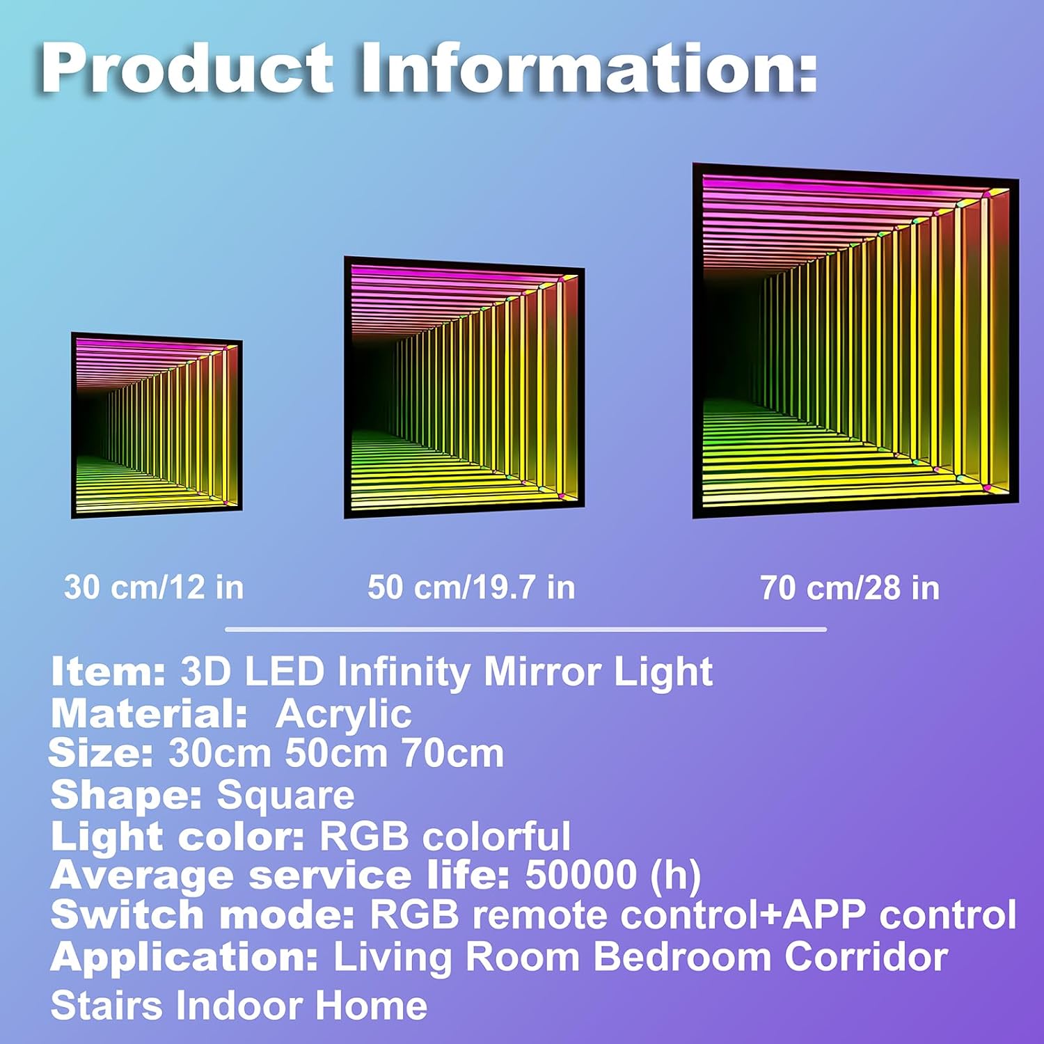 3D Infinity Mirror Light, 19.7" Square LED Tunnel Wall Light with 358 LEDs, App & Remote RGB Color Changing Mirror for Gaming Room Decor, Party, Bar, Geometric Art Deco Wall Mounted
