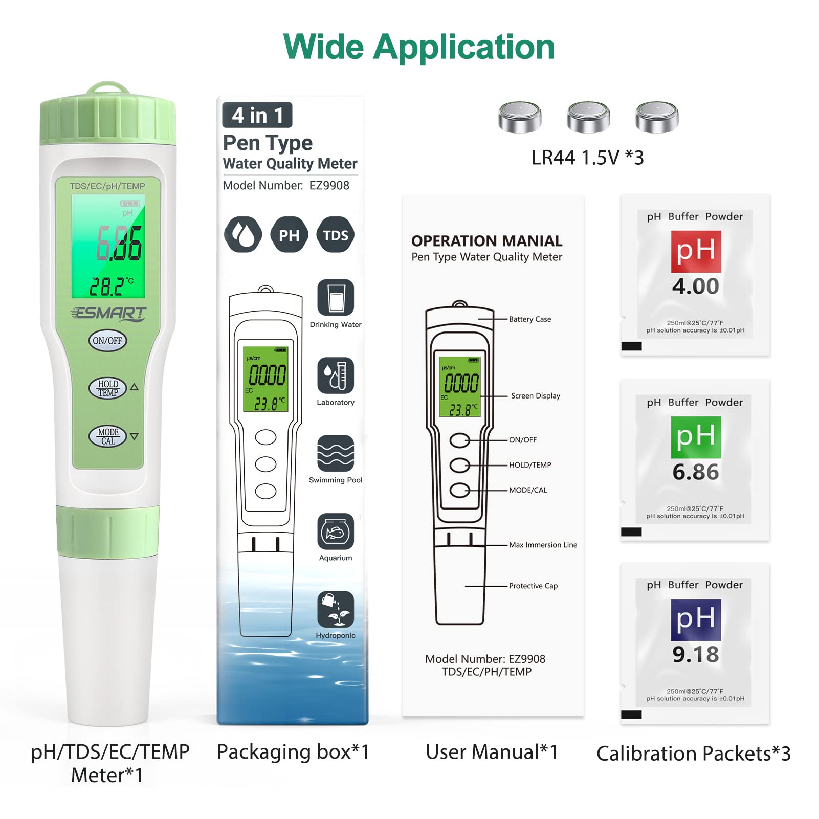 ESMART pH Mètre Electronique 4 en 1, Testeur de qualité de l'eau pH/TDS/EC/Température, Précision de Mesure de 0 à 14 pH, 2% Précision de Lecture, Set 0-19999 PPM, pour Piscine, Aquarium, Eau Potable