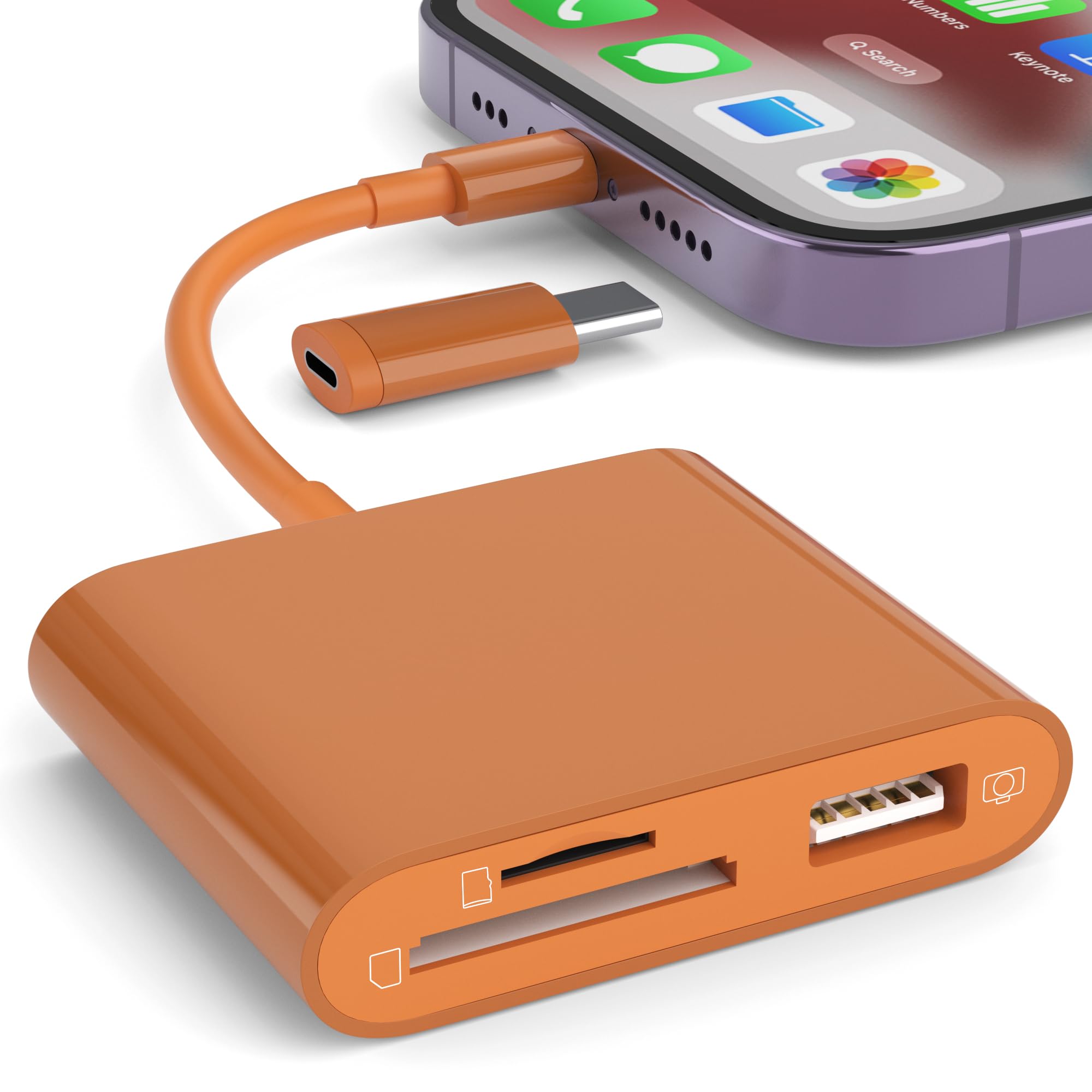 SD Card Reader for iPhone, Memory Card Reader with USB-C to Light-ning Adapter Plug and Play Trail Game Camera Micro SD Card Viewer Support SD/TF Card and USB for iPad No App Required (Terracotta)