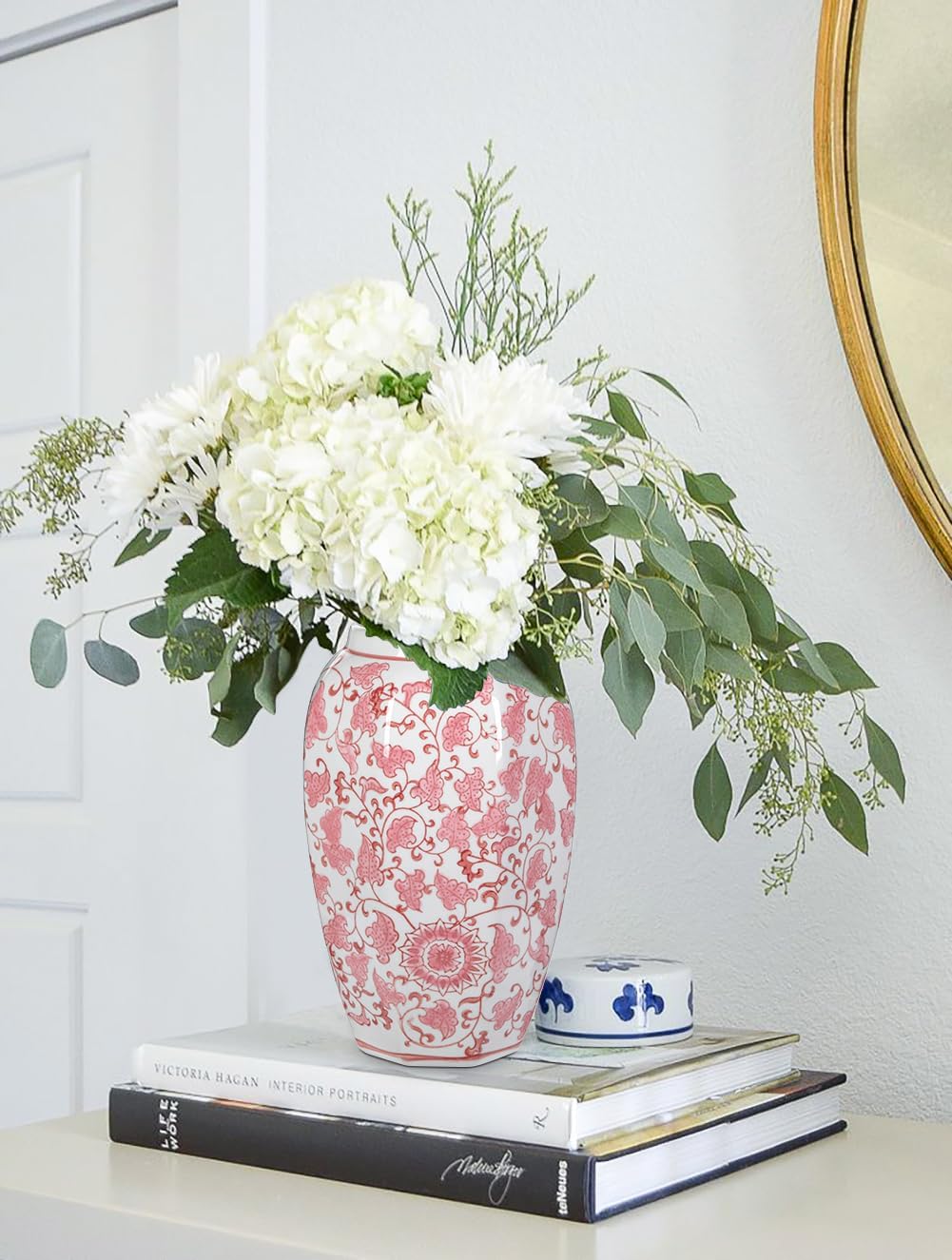 Pink Vase 8.5 Inch Traditional Chinoiserie Floral Vase Porcelain Ginger Jar Octagonal Vases Blue and White Porcelain Decor for Home, Living Room, Kitchen, Mantel, Shelf, Table
