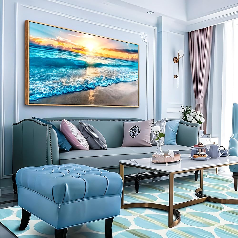 MHARTK66 Large Canvas Wall Art For Living Room Wood Framed Wall Decor For Bedroom Blue Beach Seascape Wall Paintings Modern Office Decorations Home Decor Poster Artwork Ready to Hang Wall Pictures