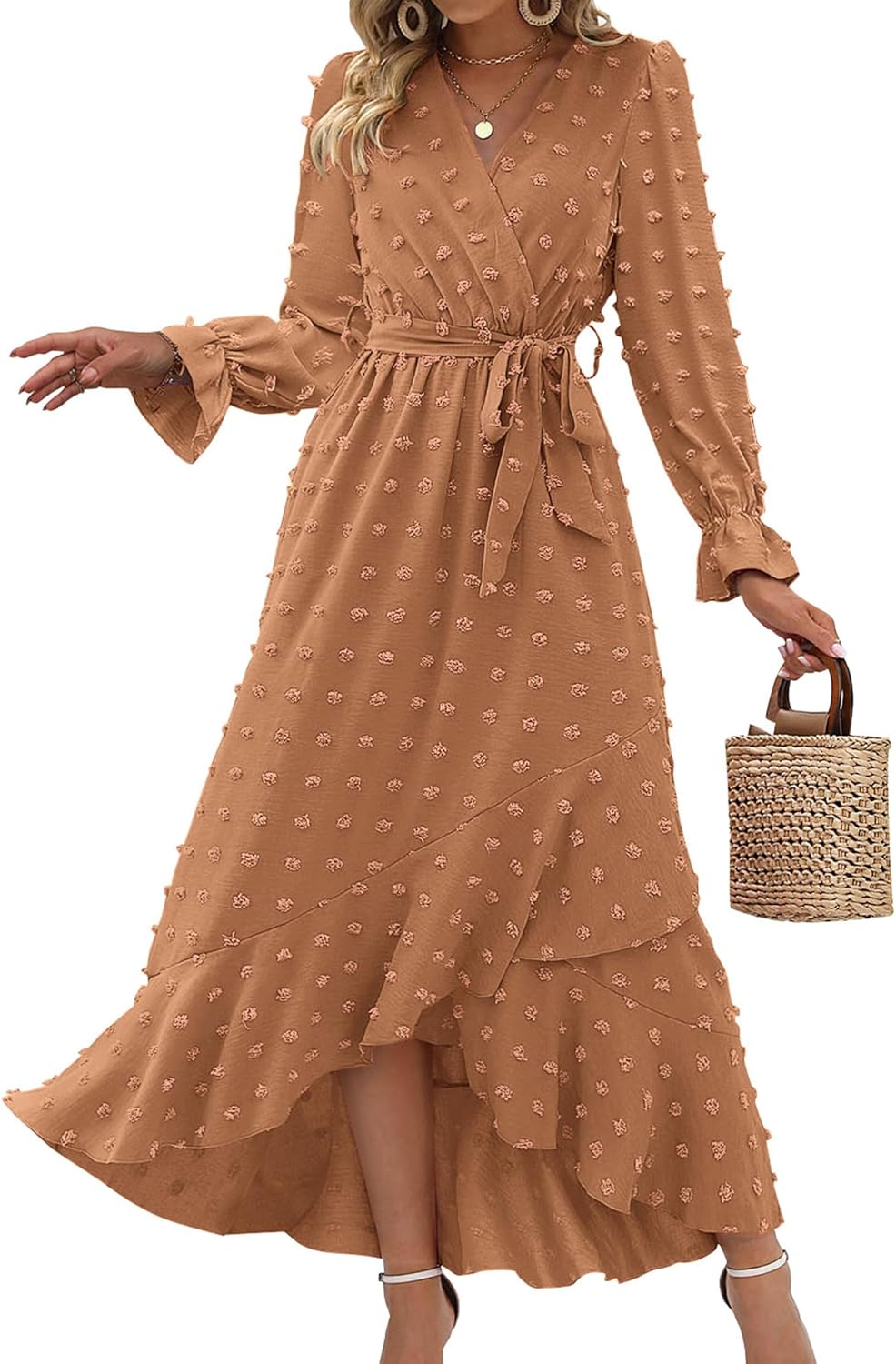 BTFBM Long Sleeve Maxi Dresses for Women V Neck Swiss Dot Boho Flowy Slit Cocktail Wedding Guest Dress Fall Clothes 2025