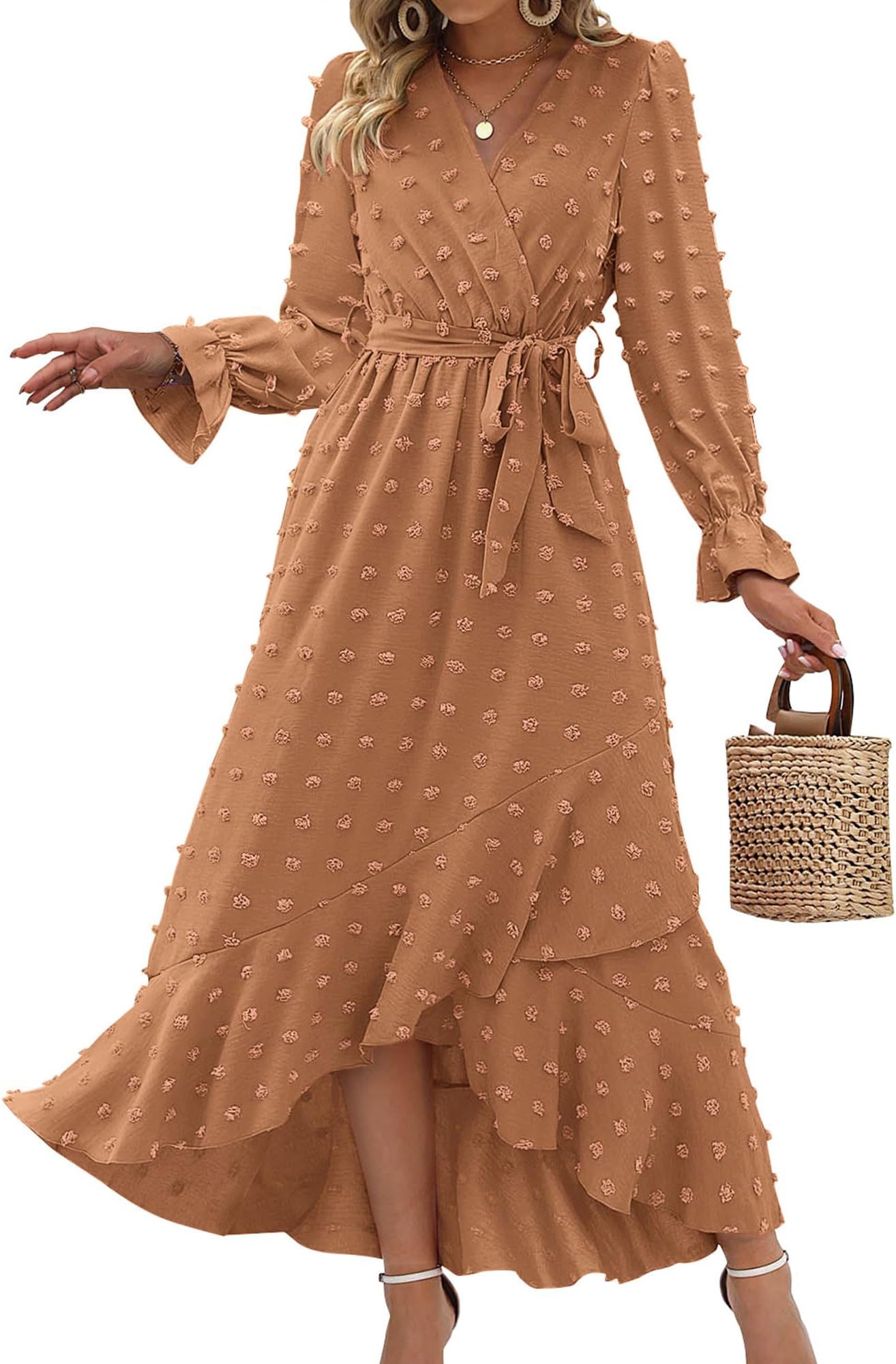 BTFBM Women's Boho Cocktail Maxi Dress 2023 Fall Fashion V Neck Swiss Dot Long Sleeve Flowy Slit Wedding Party Dresses