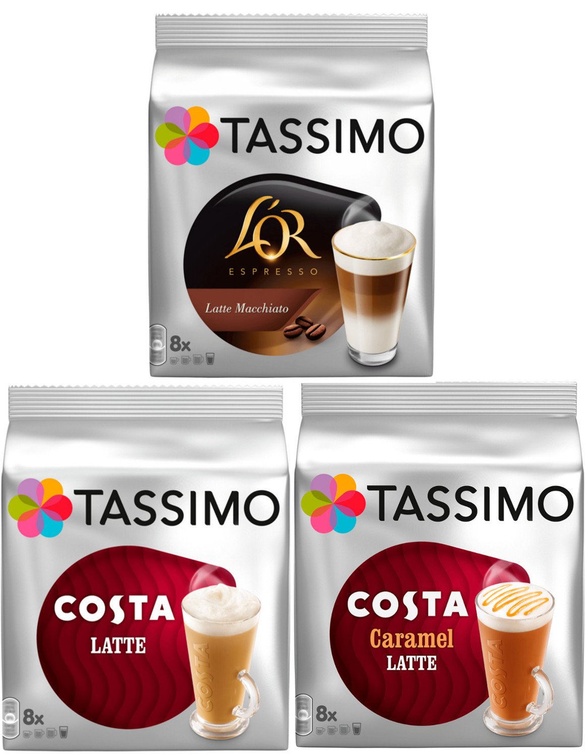 Tassimo 3 Latte Bundle Costa Latte Original + Caramel + Latte Macchiato Caramel by Carte Noire