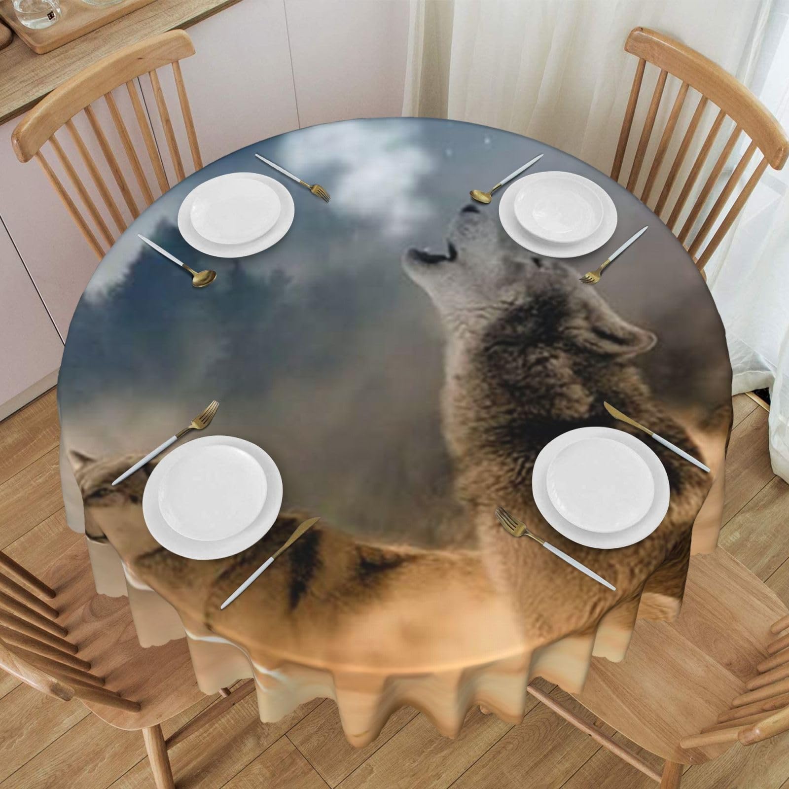 DCEHGEW 60 In Round Tablecloth with Lace, wolf on mountain Printed Oilproof & Washable Fabric Picnic Table Cloth Table Covers