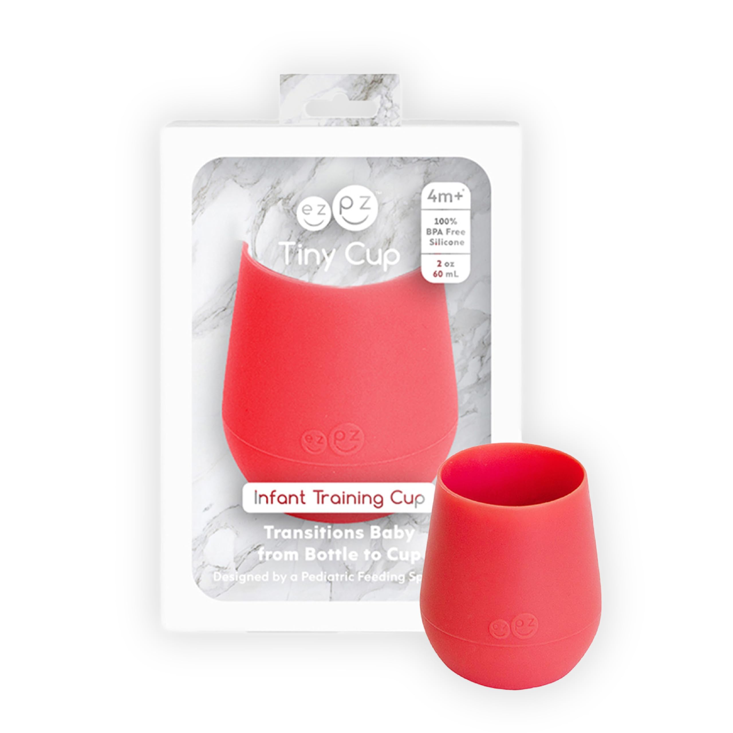 ezpz Tiny Cup - 100% Silicone Drinking Training Open Cup for Baby/Infants - Designed by a Pediatric Feeding Specialist - Soft Non-Slip Grip - Weighted Base & Tactile Bumps - 59 ml, 4 Months+(Coral)