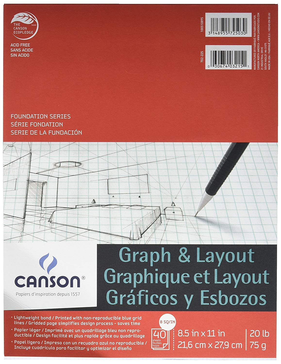 Canson Artist Series Graph and Layout Paper, 8 by 8 Blue Grid, Foldover Pad, 8.5x11 inches, 40 Sheets (20lb/75g) - Artist Paper for Adults and Students - Colored Pencil, Marker, Ink, Pen