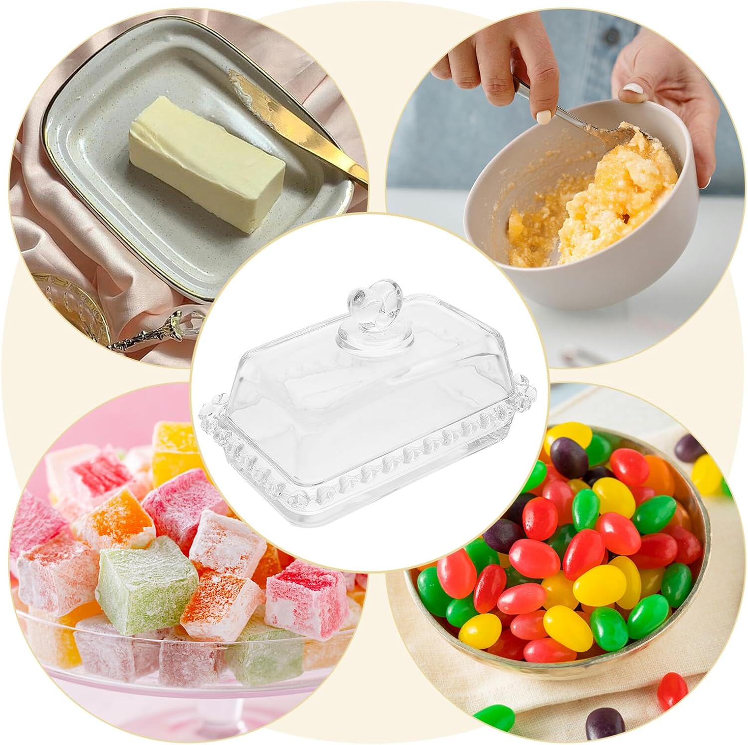 Glass Butter Dish with Dome Lid Thick Smooth Edges Portable Butter Holder for Countertop and Outdoor Use Practical Cheese Container and Refrigerator Storage