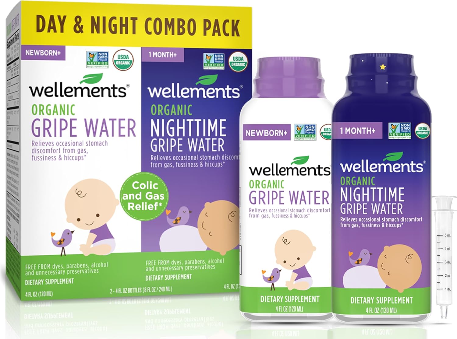 Wellements Organic Gripe Water for Babies Day & Night Combo Pack (4 Fl Oz) - Infant Gripe Water Newborn Calms Occasional Stomach Discomfort from Baby Gas, Colic, Hiccups & Fussiness - USDA Certified