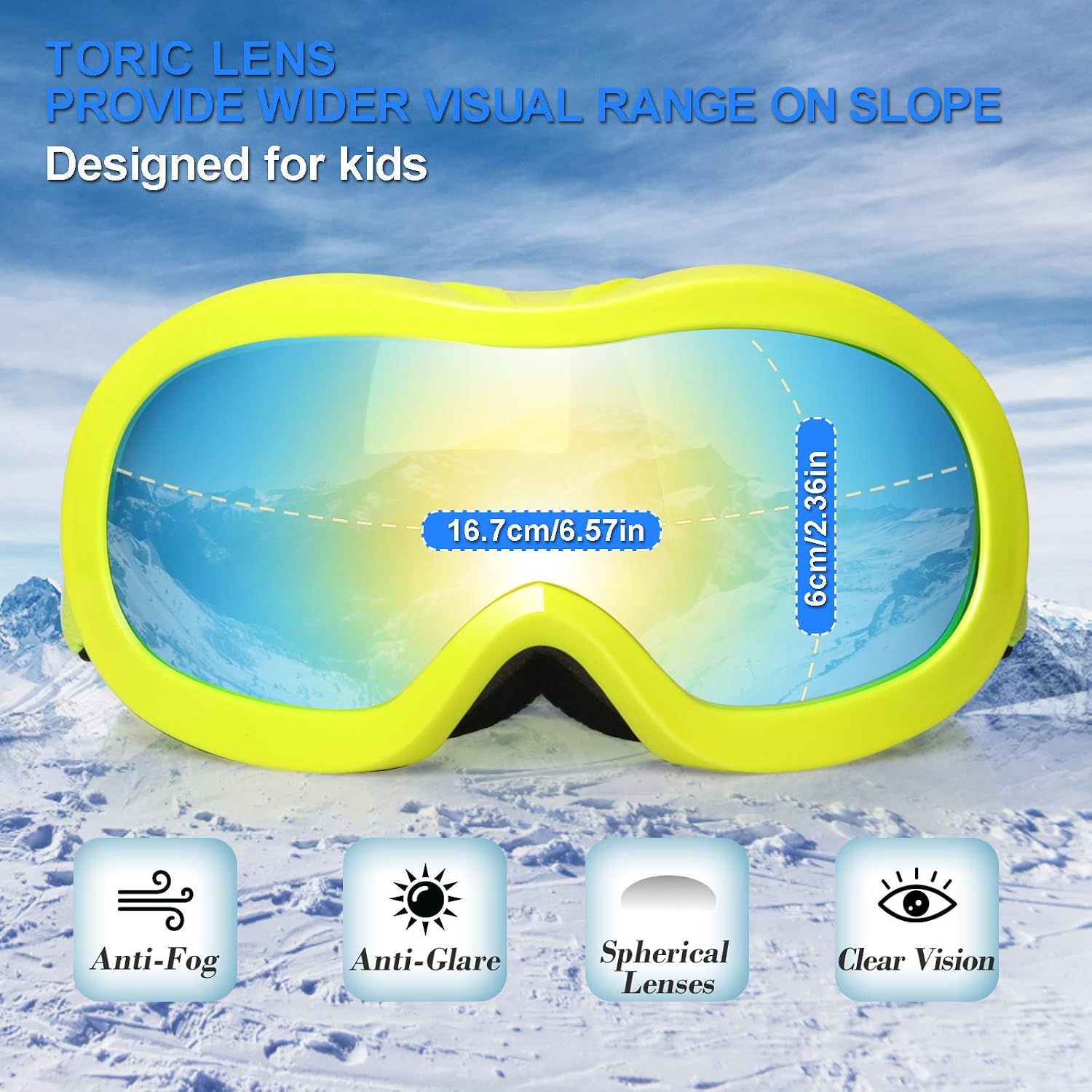 EXP VISION Kids Ski Goggles, Anti-Fog Child Snowboard Goggles Over Glasses Snow Goggles for Boys Girls Toddler Age 3-14