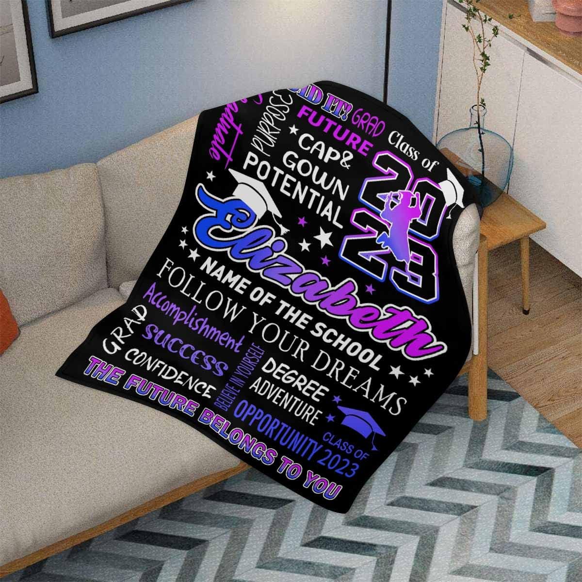 Customize Blanket Graduate Senior 2023 Class of 2023 Follow Your Dreams Purple Gradient Blanket Personalized Throw Super Soft Summer Blankets for Girl Boy Kids for Graduations Gifts 40x50