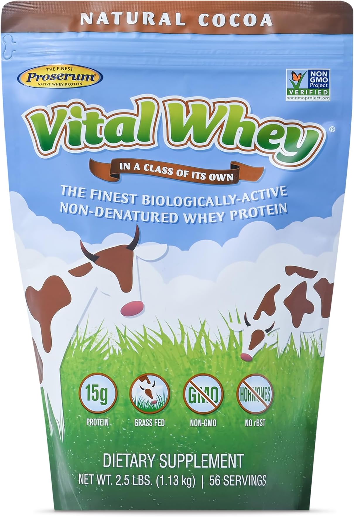 - Grass-Fed Whey Protein Powder for Immune Vitality, Natural Cocoa 2.5lbs (56 Servings), 15g Protein Per Serve, Vital Whey, Clean Holistic, Wellness Nutrition