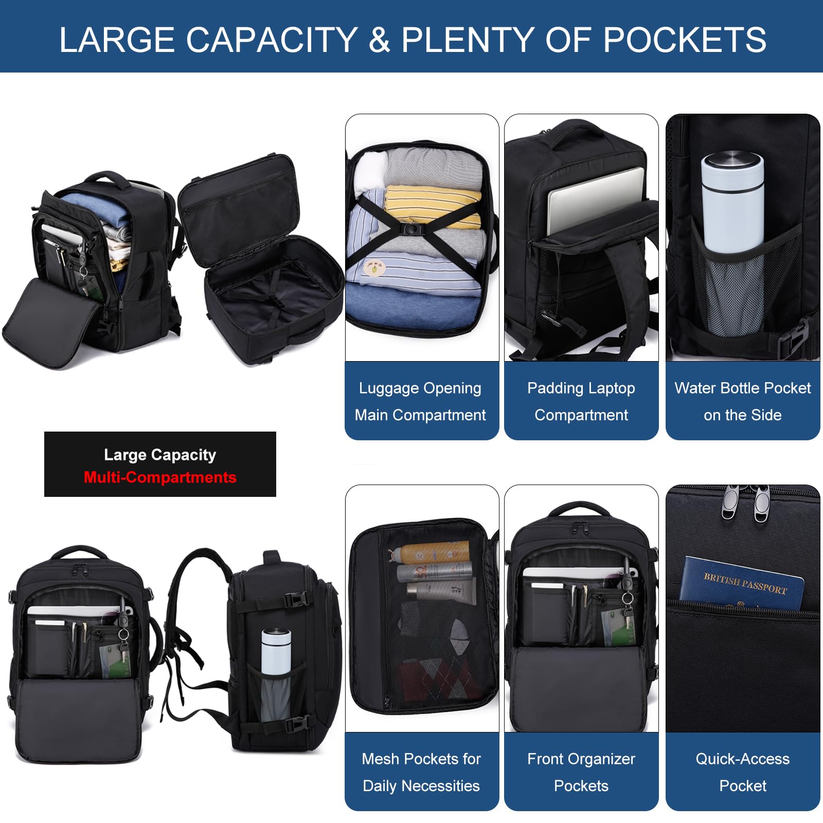 Bagaż Podręczny 40x30x20, Plecak Podróżny Męski i Damski do Ryanair, Wizzair, Vueling,Eurowings,Easyjet,24L Cabin Bag Travel Backpack do Pracy, Biznesu i Podróży Bagaż Laptopa 15.6 Cali, Czarny