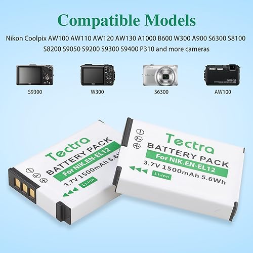 Miniatura 2 de Tectra 2 baterías EN-EL12 de alta capacidad y cargador dual LED para Nikon Coolpix AW100 AW110 AW120 AW130 A1000 B600 W300 A900 S6300 S8100 S8200