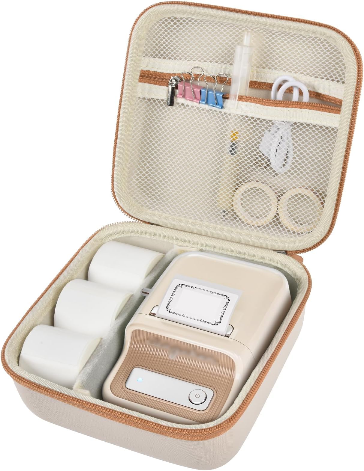 Case Compatible with NIIMBOT B21 / Pro / B1 Label Maker Wireless Thermal Label Printer, Holder for Inkless Label Maker & Labeling Tapes Refills, with Mesh Pocket for Cable Accessories (Beige)