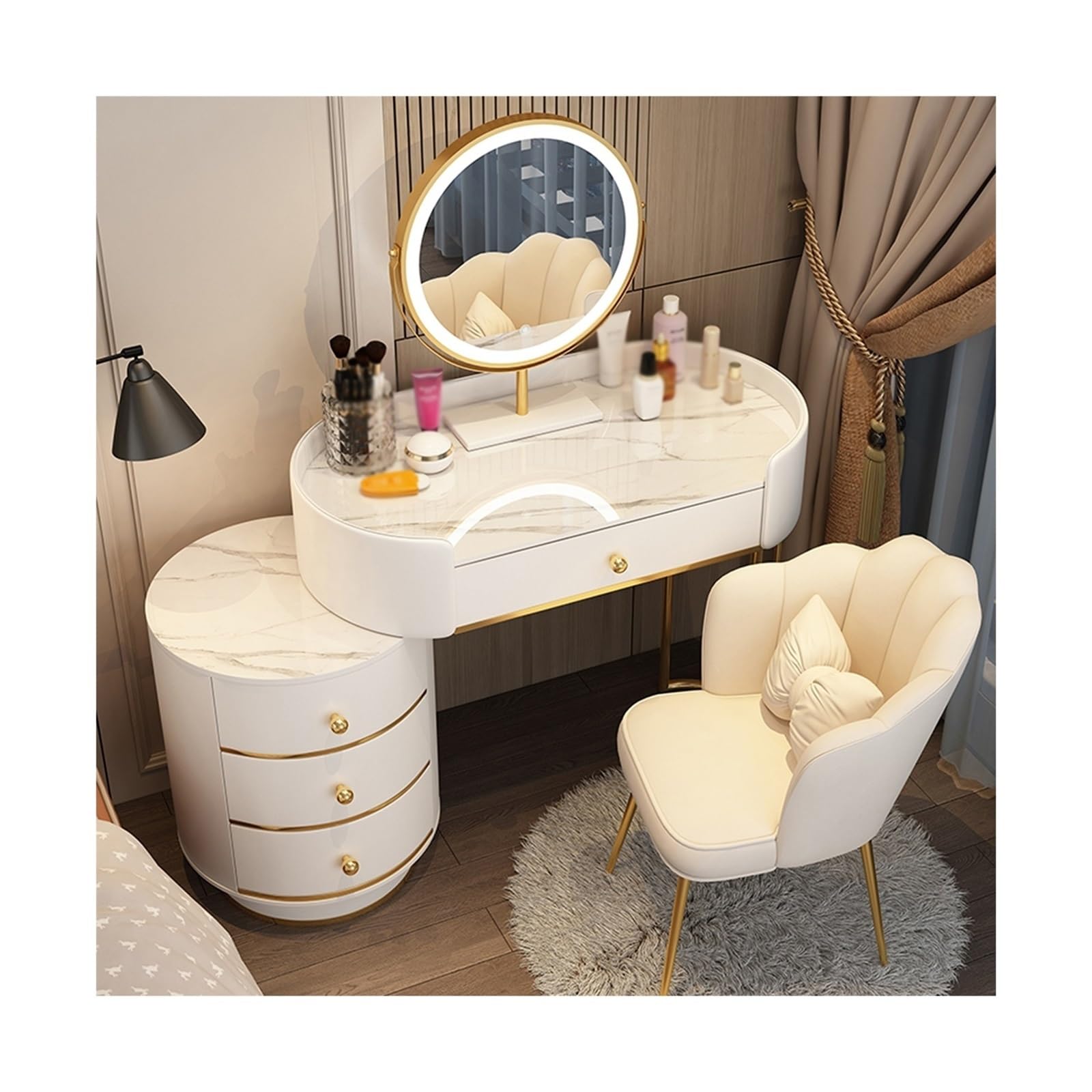 asdchZen Makeup Dressing Table Set With Round Mirror White Vanity Desk For Girls & Women 80Cm Space-Saving Design For Bedroom Ample Storage For Beauty Essentials