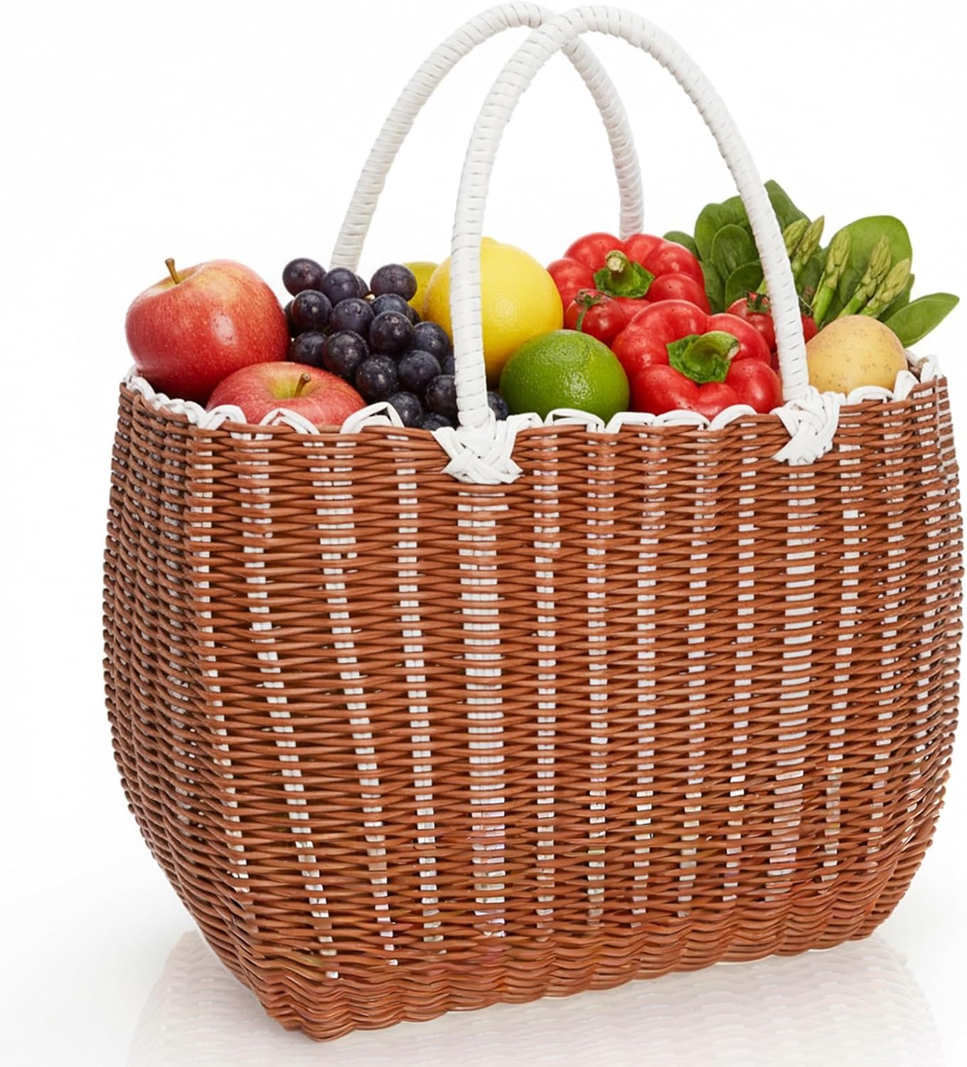 Pumtus Poly Wicker Shopping Basket, Large Plastic Market Tote with Handles, Open Top Harvest Picnic Grocery Gift Basket, Woven Garden Bag for Gathering Vegetables Fruits, Foraging, Wedding, Party