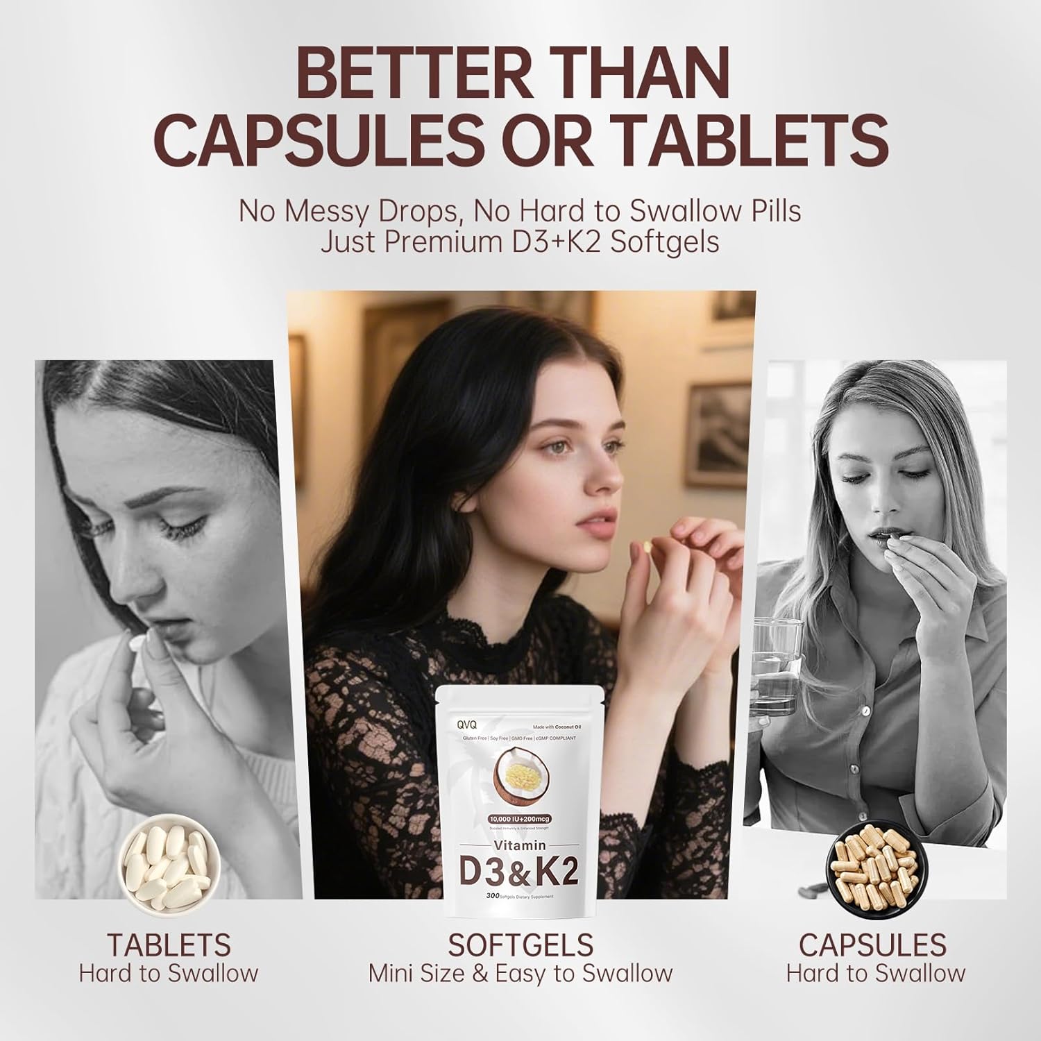 300 Pcs 2 in 1 Vitamin D3 10000 iu Plus K2 (MK-7) 200 mcg Virgin Coconut Oil Softgels with Vitamins D & K Supports Calcium Absorption, Bone, Immune, & Heart Health – Easy to Swallow - Image 8