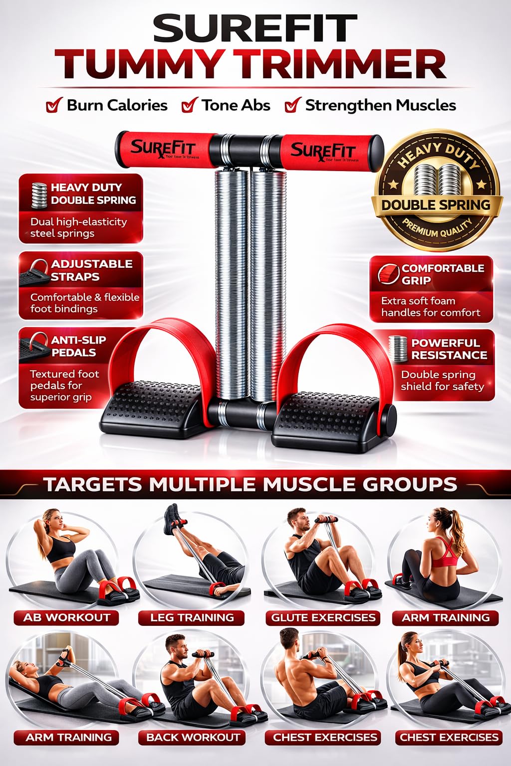 SUREFIT Double Spring Tummy Trimmer for Men & Women | Heavy Resistance Ab Exerciser | Foam Grip, Strong Pedals | Fat Burner, Waist & Belly Toning Equipment for Home Workout 1