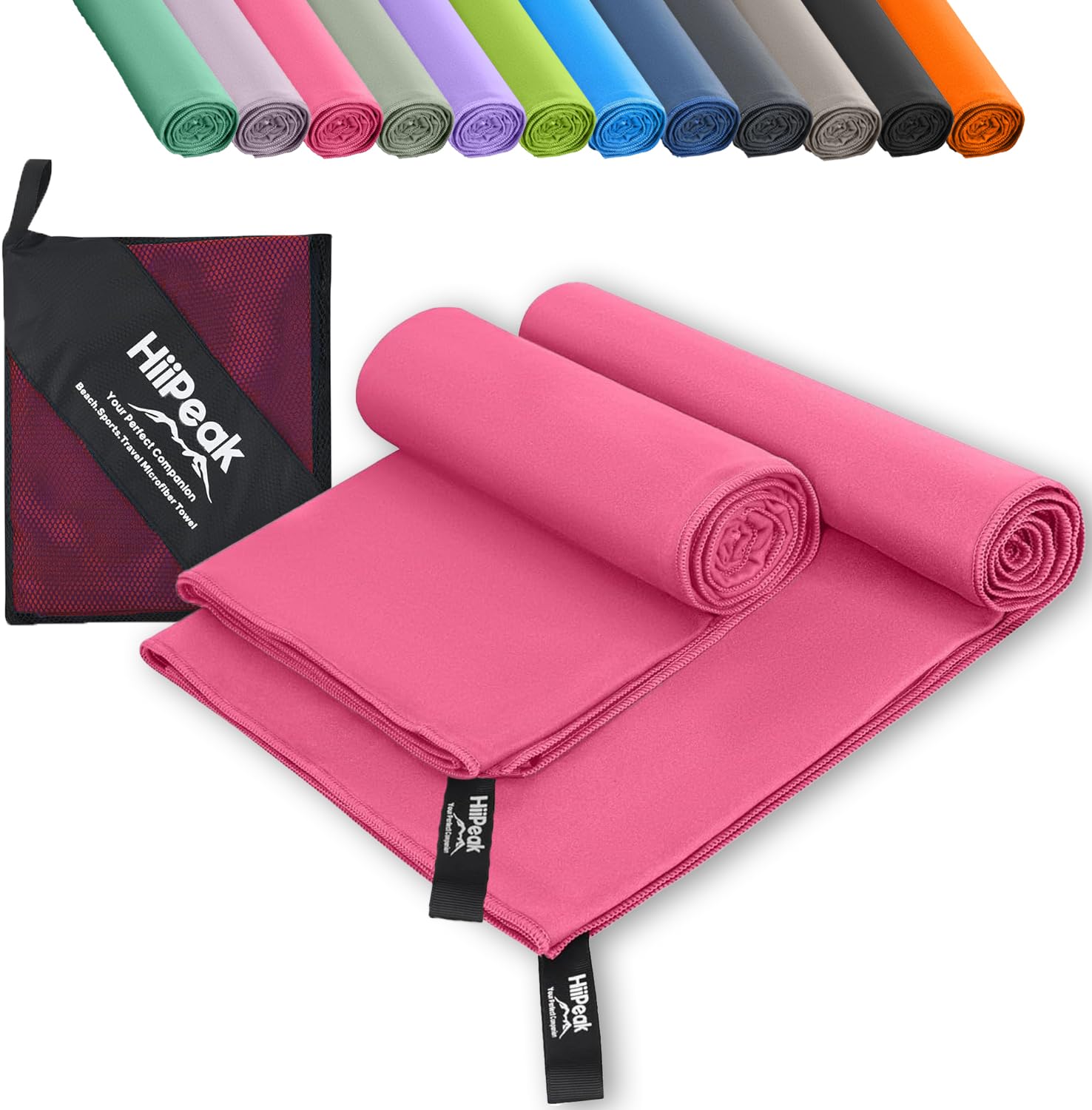 HiiPeak Microfibre Towel (160cm x 80cm + 80cm x 40cm) Compact Camping Beach Towel - Quick Dry Lightweight Absorbent Sports Gym Swimming Hiking Drying Towel for Men,Women (WatermelonRed-2pack)