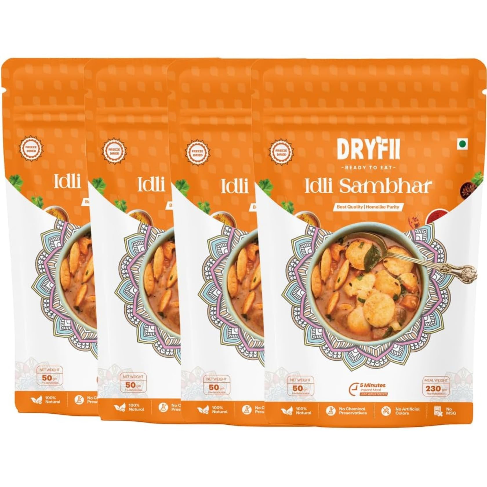 Dryfii Ready-to-Eat Instant Jain Idli Sambhar | Pure Veg | Freeze Dried | No Onion, No Garlic | Rehydrated Weight 920 g (Pack of 4)