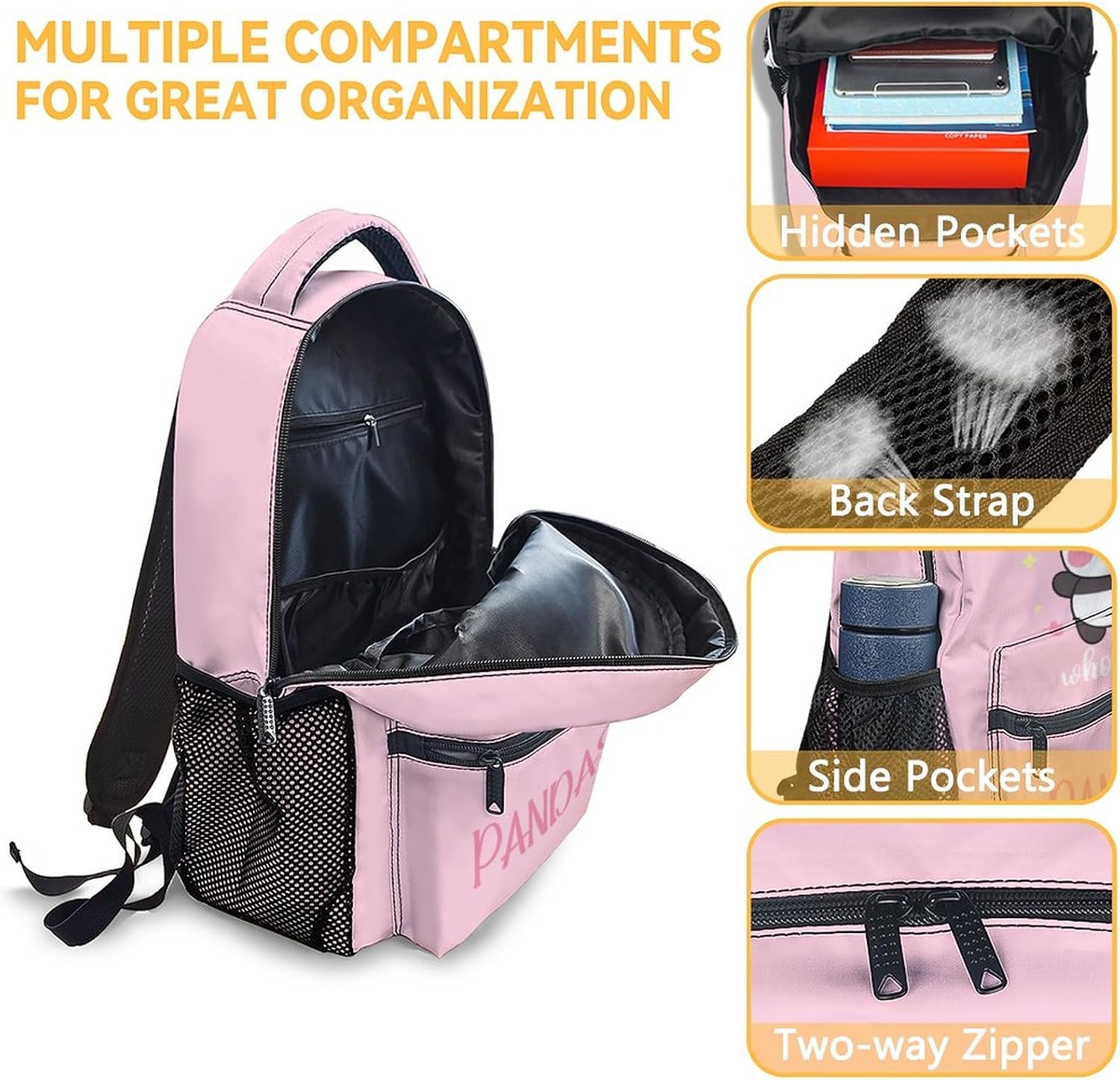 Panda Backpack with Lunch Box Set for Girls - 3 in 1 Primary Middle School Backpacks Matching Combo - Large Capacity, Durable, Lightweight, Pink Bookbag and Pencil Case Bundle