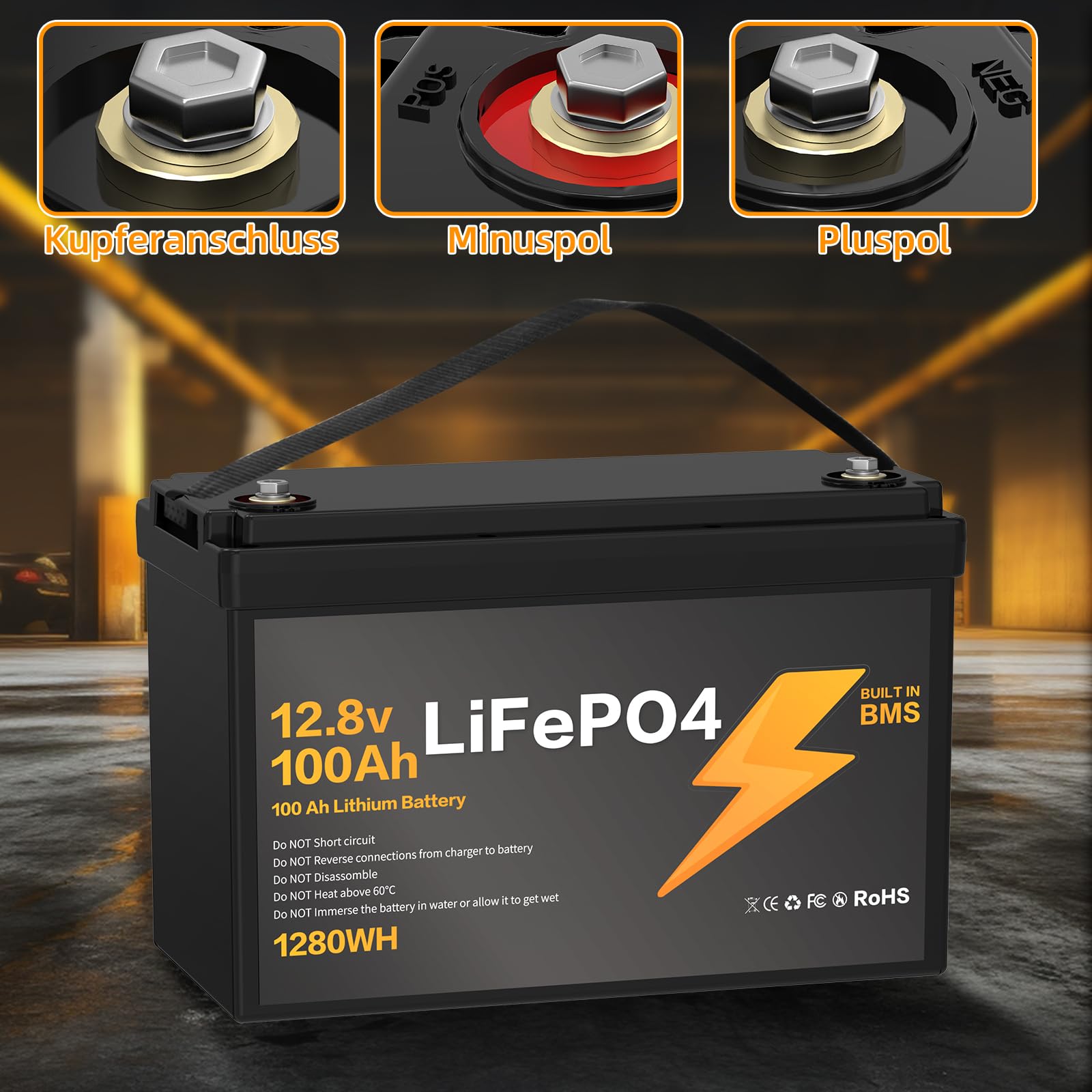 12V 100Ah LiFePO4 Batterie, BMS Integrado, 15000 Ciclos de Descarga Profunda Diseño ligero, Hogar Acampadas Autocaravanas Sistemas Solares Embarcaciones.