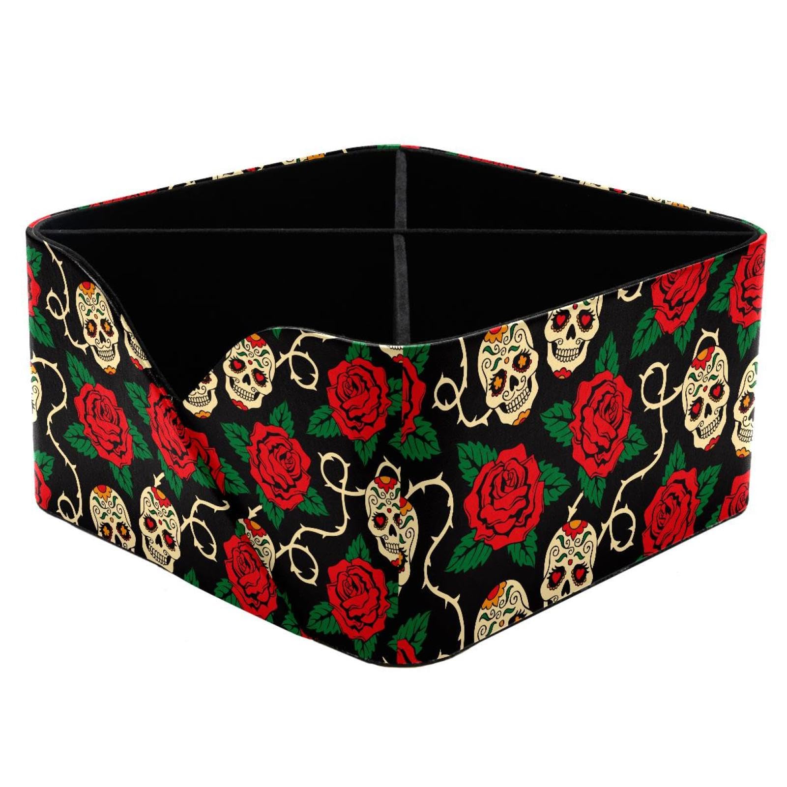 KengjuTesu Sugar Skulls and Roses Desktop Organizer Pen Holder, Rectangular Pencil Cup for Office, Study and Makeup Stations