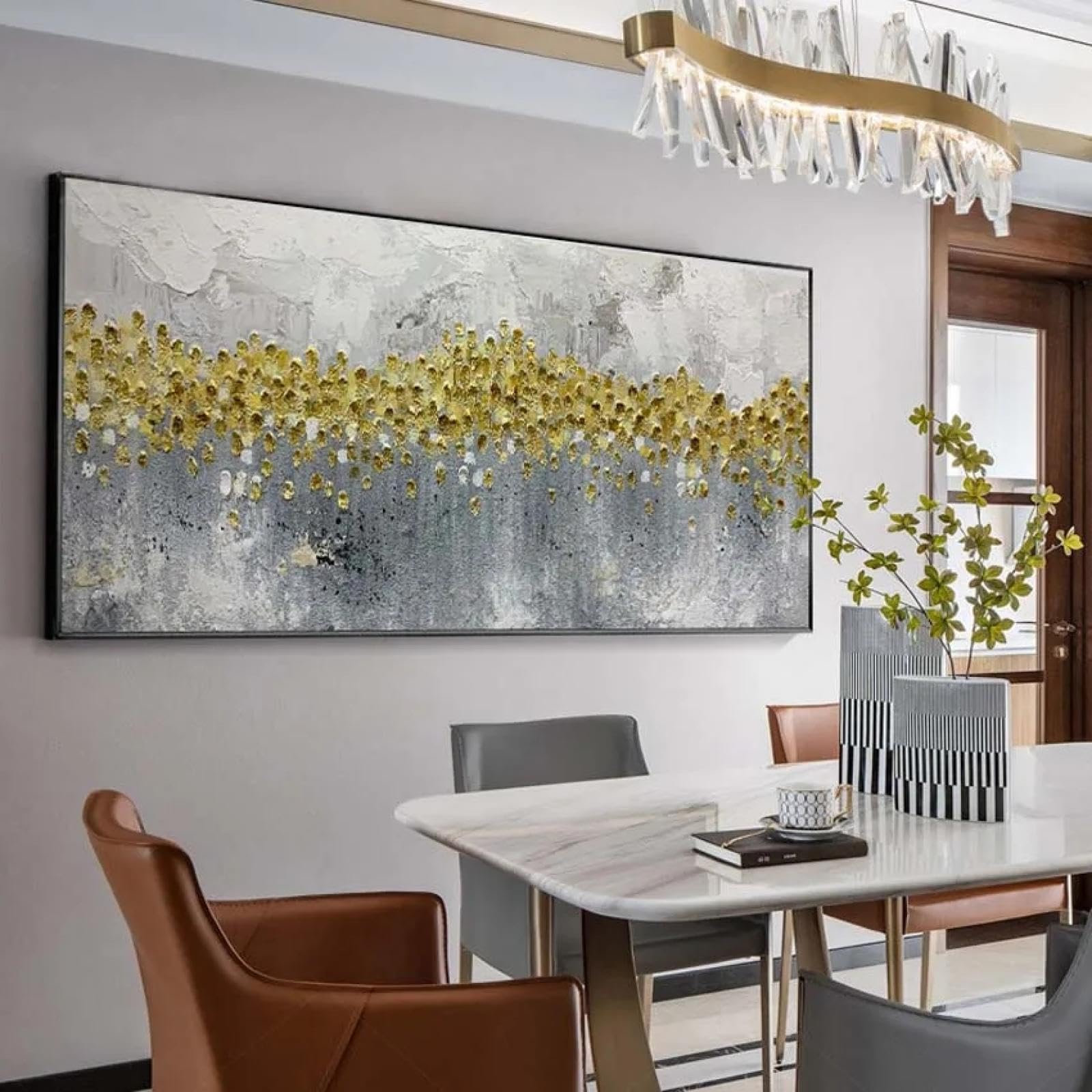 JACBON Nordic Luxury Home Wall Decoration, Oil Painting, Handmade Abstract Gold Foil Canvas, Mural with Textured Aesthetics for Bedroom 80x160cm Frameless