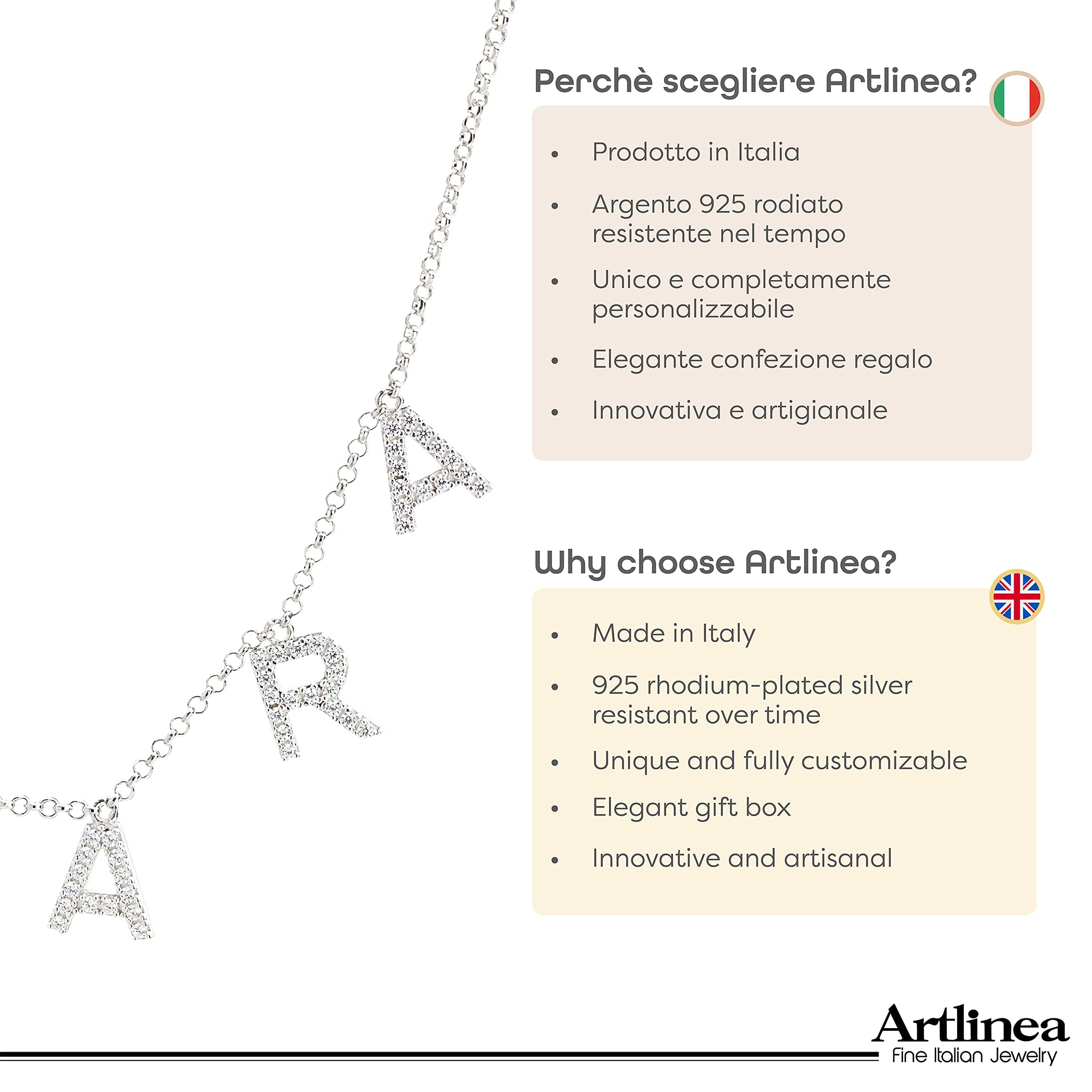 Artlinea, Collana in Argento 925 Sterling, Rodiato, Personalizzabile con Nome, Lettere o Simboli di Zirconi, Misura da 38 a 40,5 cm, Chiusura a Moschettone, Made in Italy