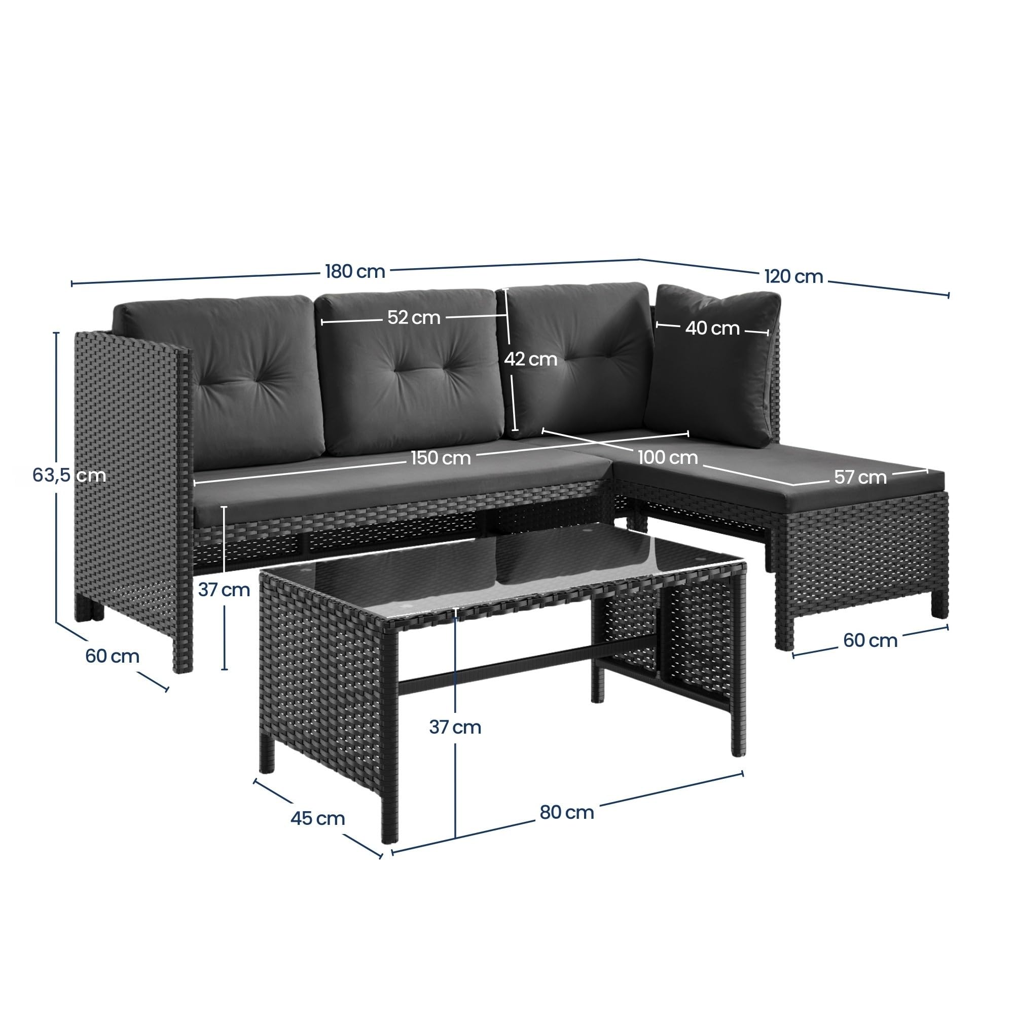 Home Collective Gartenmöbel Set Lounge Möbel Outdoor Sofa Gartenlounge Polyrattan | Mit Couchtisch & gemütlichen Polstern | Für Terrasse, Balkon oder Garten | 180x120x63,5 cm (BxTxH) | Schwarz