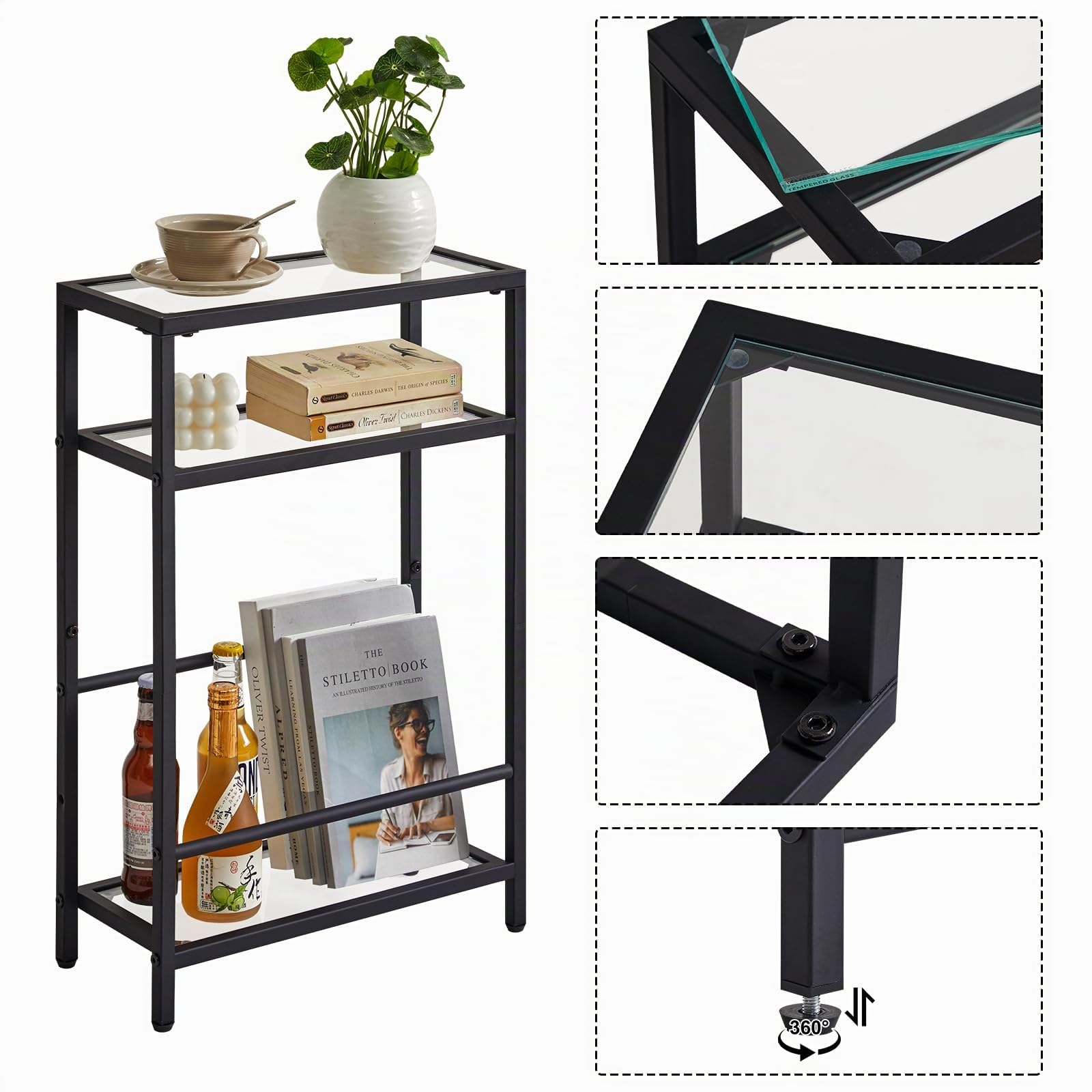 IBUYKE Beistelltisch,Glastisch mit Zeitschriftenhalter,Schwarz TMZ002B
