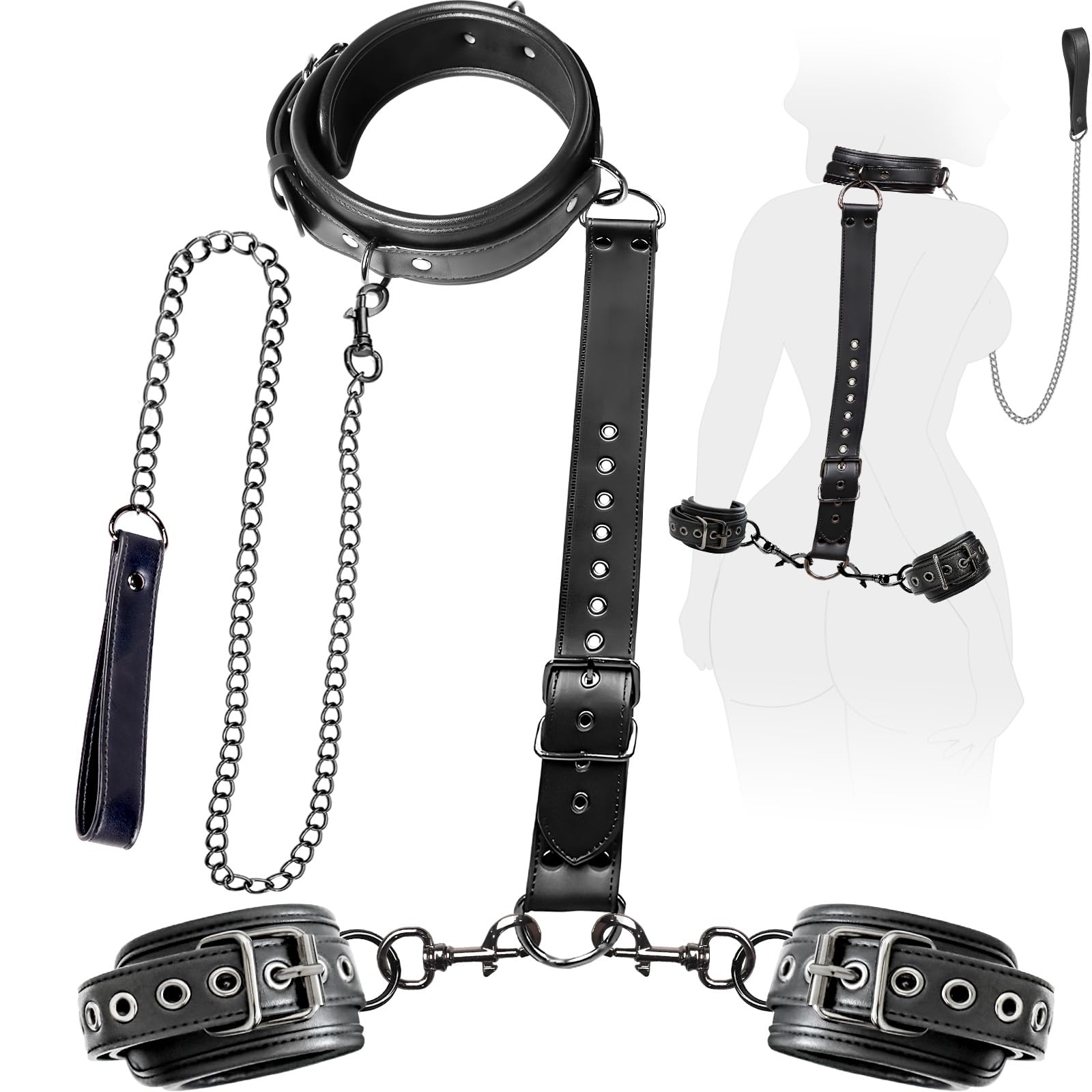 Sex Toýs Couple Femme BDSM Kits de Bondage Menottes Sex Lit,Retenue du Cou au Poignet avec Chaîne Traction, Réglables Menottes Sexy Érotique et Collier Sex Toys pour Adulte Couple Jeu de Rôle Play