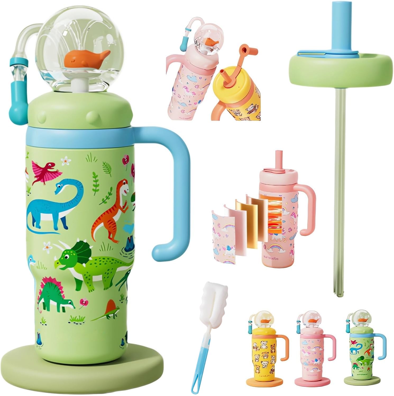 Usper Whale Fountain Water Bottle Tumbler, Drinking Cup with Whale Squirt, 24oz Stainless Steel Whale Fountain Tumbler with Handle Travel Tumblers for Kids and Adults (B Green, 710ml)