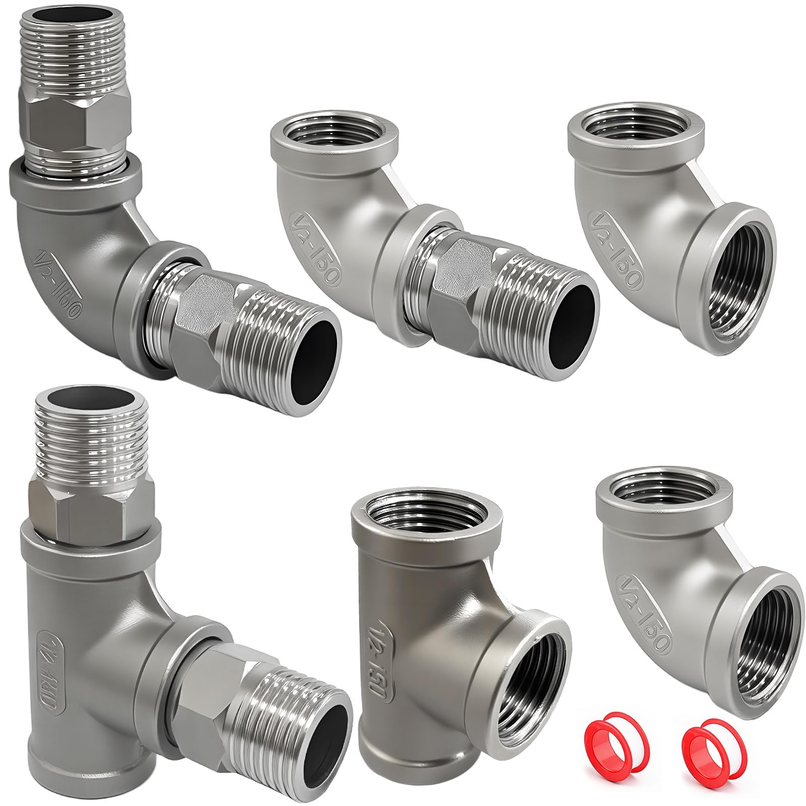11 Stück DN15 Edelstahl Fittings, Edelstahl Doppelnippel T Stück Winkel 90 Grad 1/2 zoll Innengewinde Außengewinde für Wasserrohr Bewässerung, mit Teflonband