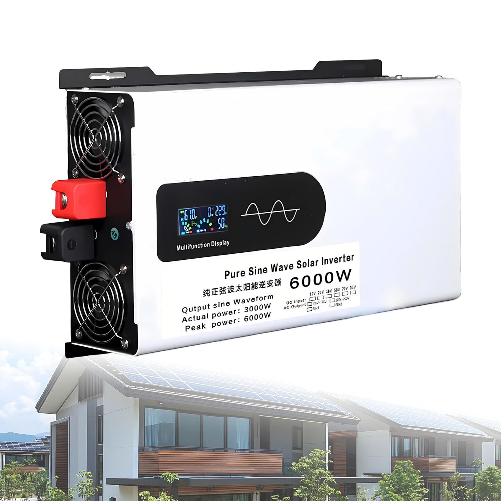 2025Upgraded 6000W Hybrid Solar Inverter, DC 12V/24V/48V/60V/72V to 230V AC Split Phase Inverter with Pure Sine Wave, Parallel Inverters, for Home Energy Storage 5000W-72V