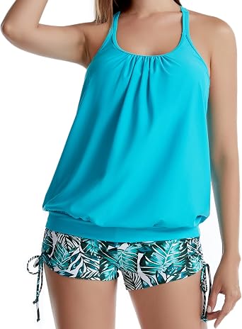 Tankini Bathing Suits for Women Two Piece Swimsuit Modest Swimwear with Shorts High Waisted Drawstring Swimming Suit