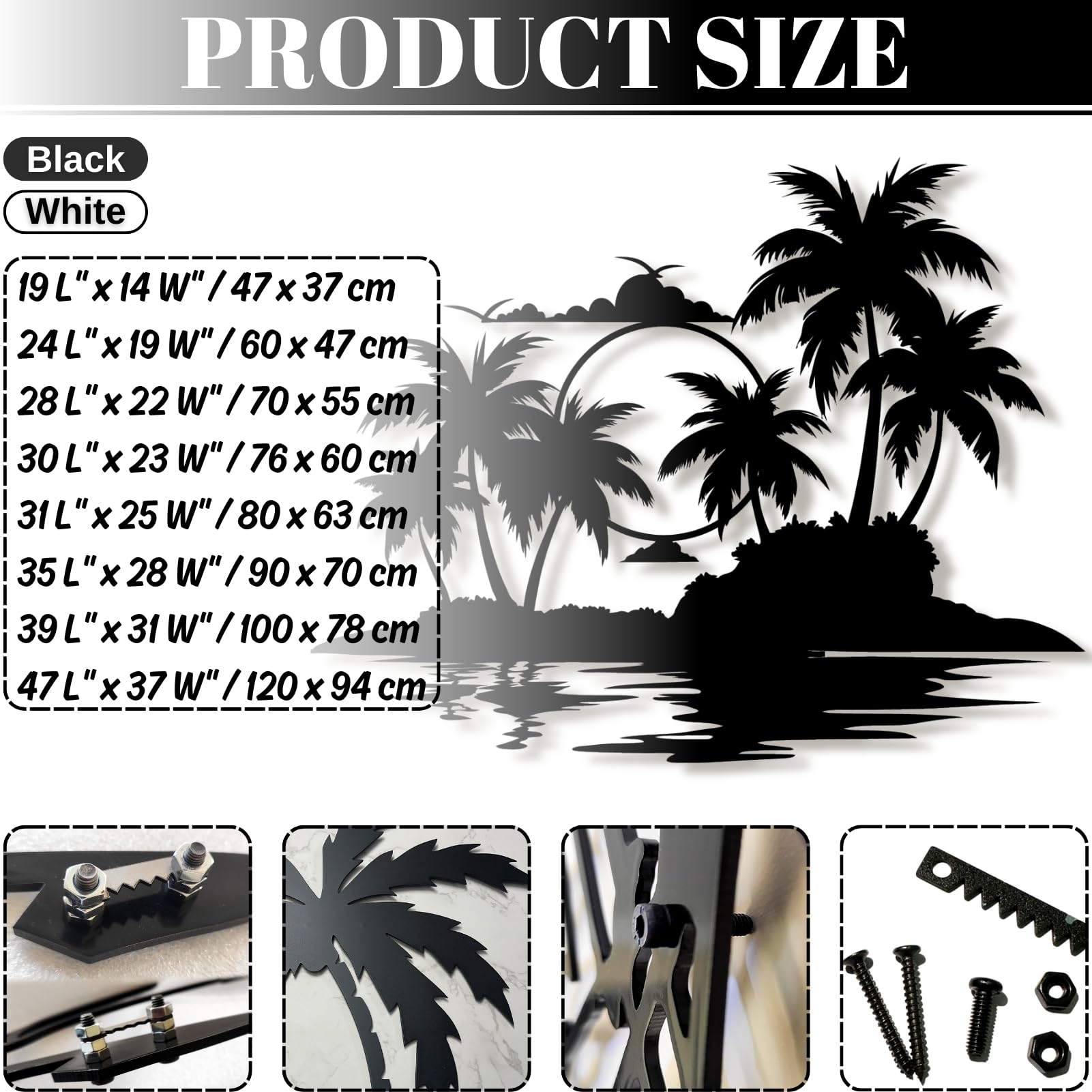 Lunwall Palmier en métal, décoration murale en forme de palmier tropical, 76 x 60 cm, support mural, intérieur et extérieur, noir