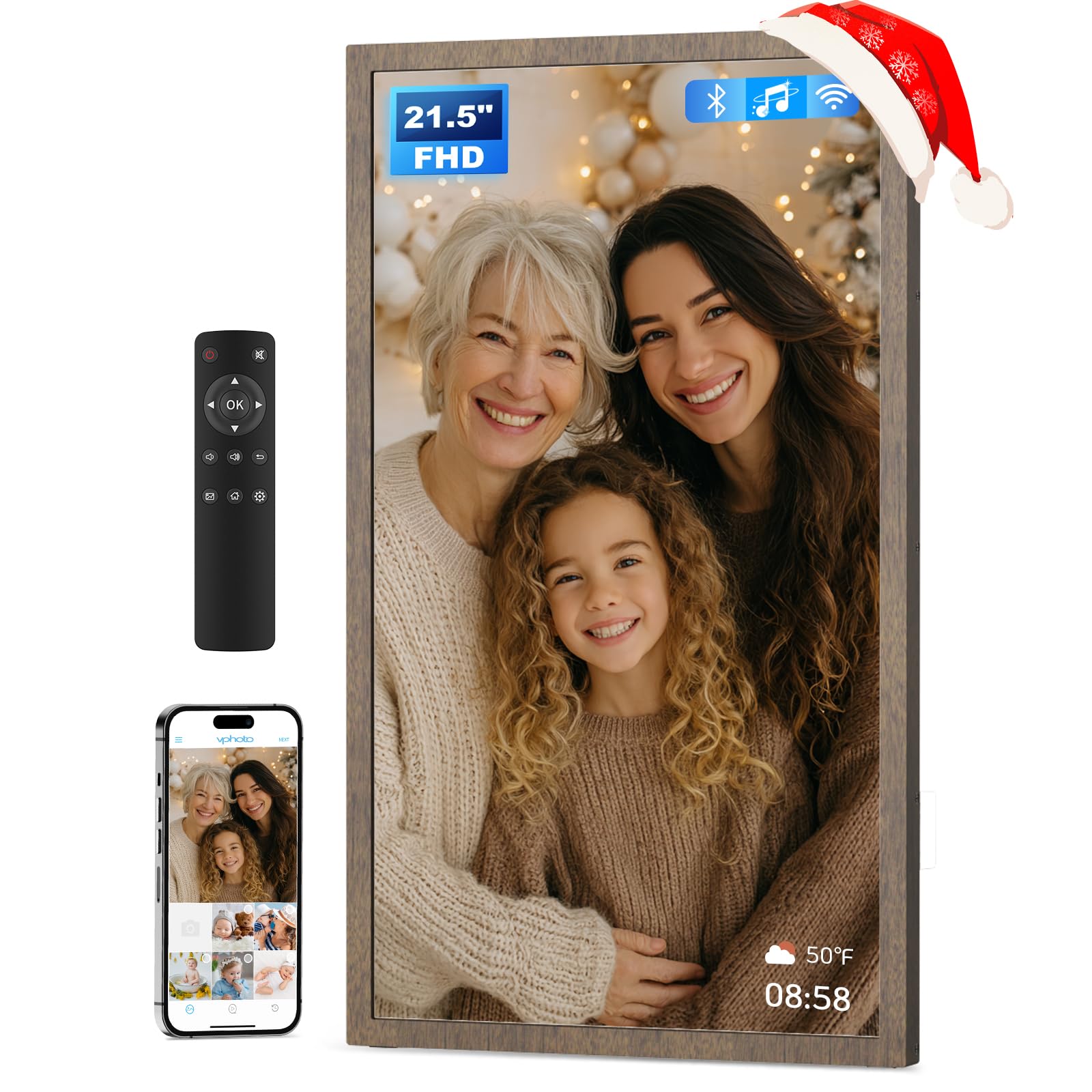 21.5" Large Digital Picture Frame Touchscreen, 32GB, WiFi Wall-Mount Frame for Home/Business, 1920x1080 FHD, Share via App, Email, USB &amp; Micro SD, Remote Included, Dark Wood Pattern