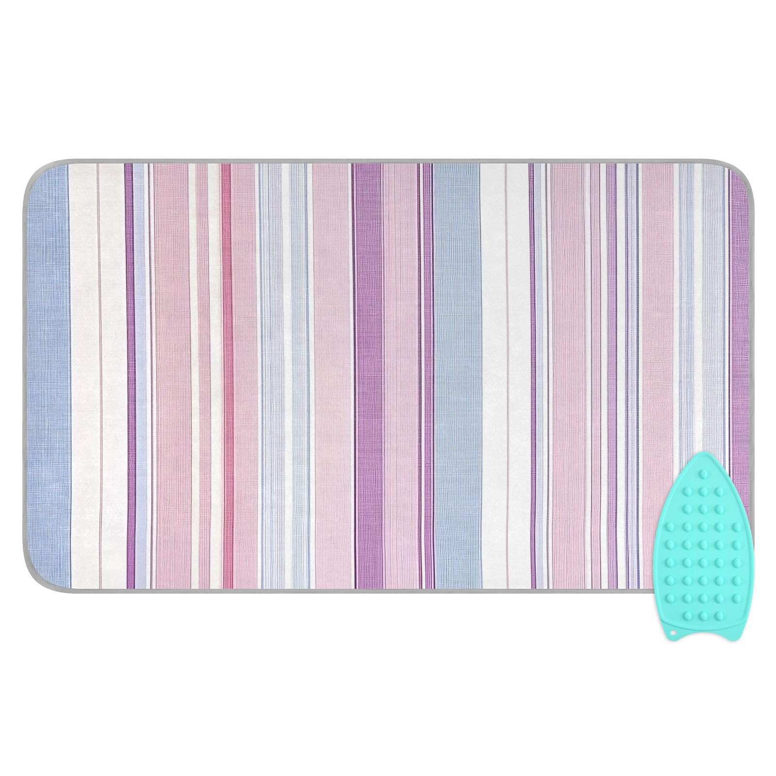 pnyoin Portable Ironing Mat Pink Blue Stripes Travel Ironing Pad with Silicone Iron Rest for Steam Pressing on Tabletop or Bed Heat Resistant Portable Quilting & Travel Blanket