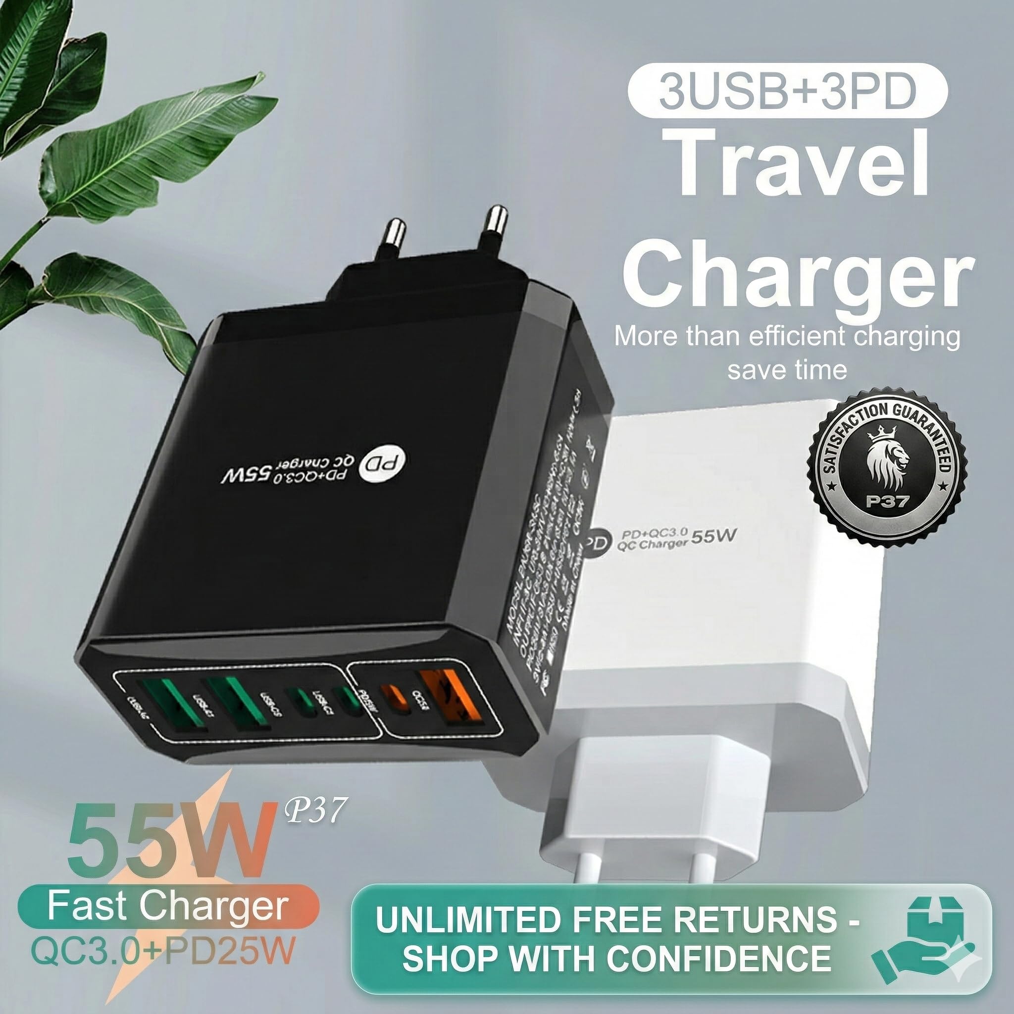 P37 USB oplader, snellader, 3.0, 40 W, 6 A, 4 poorten, voeding