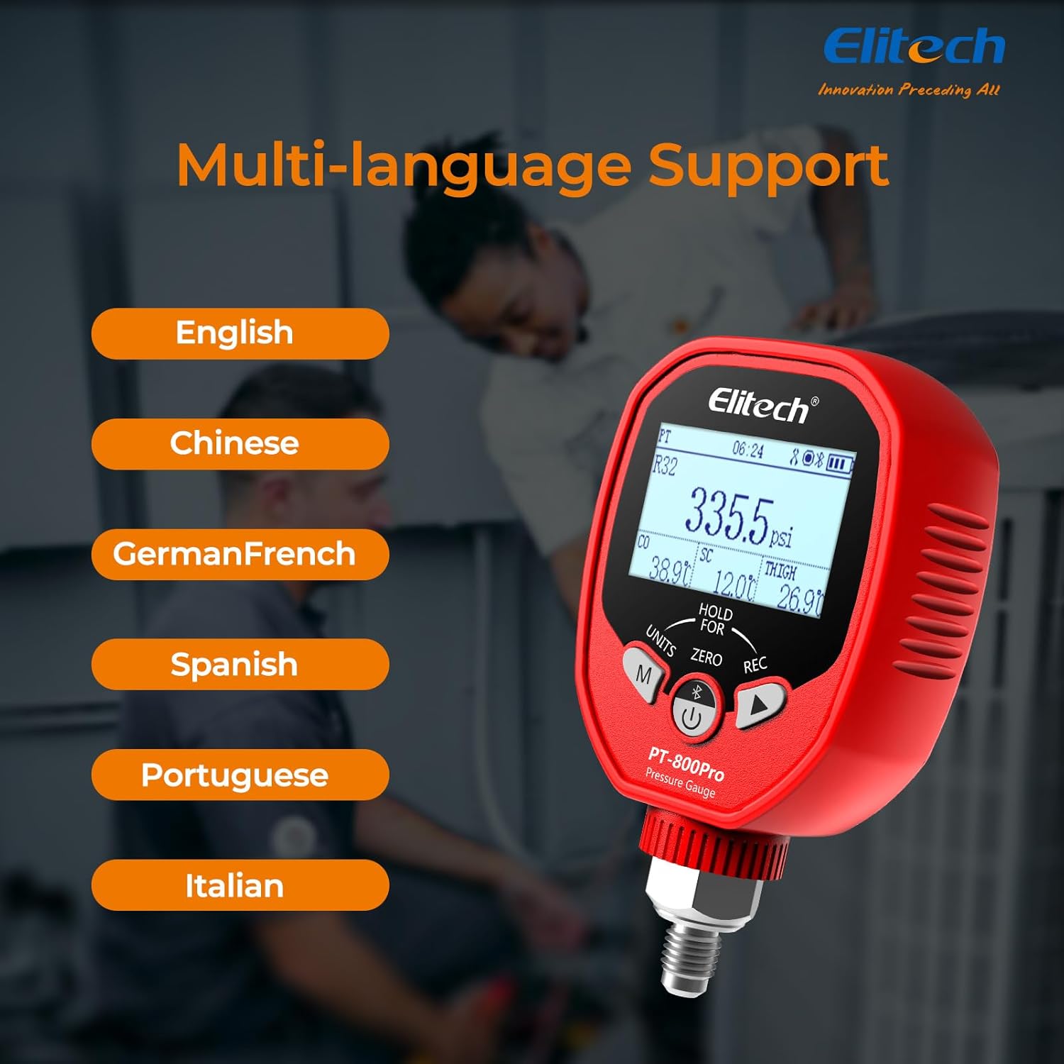 Elitech PT-800PRO+ Digital High Pressure Gauge w/Temp Clip, Wireless HVAC Single Manifold for R454B R410A, Auto Subcooling, Offline Data Logging, Temp Compensated Leak Test, 1/8" NPT