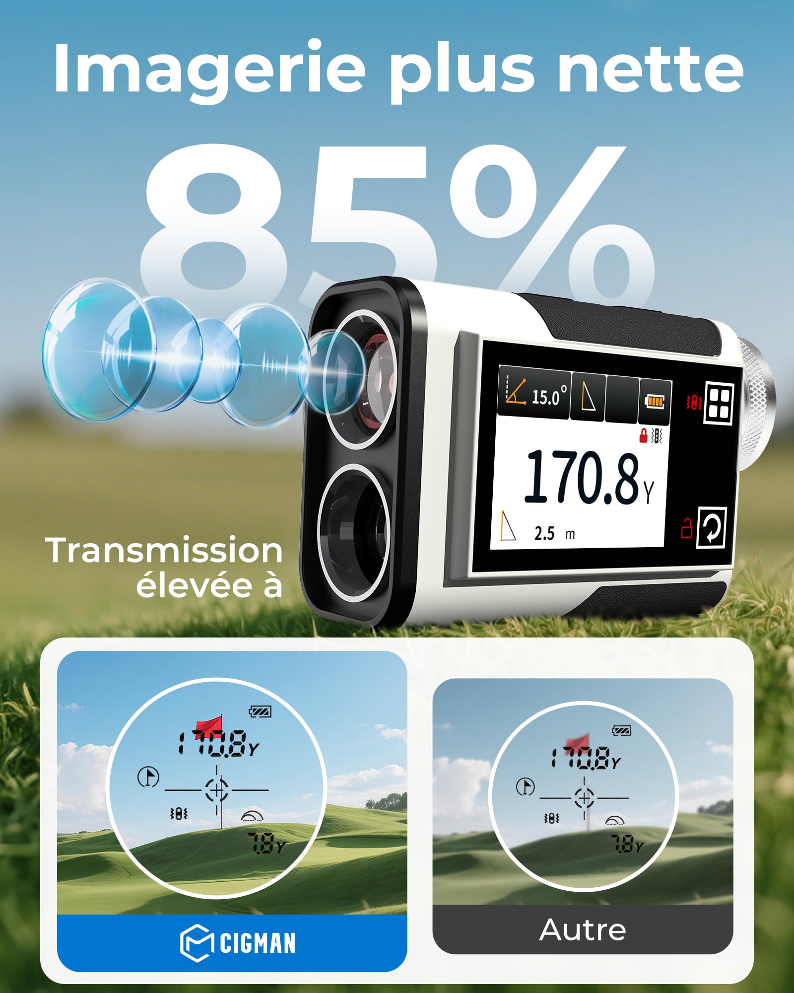 Télémètre de Golf CIGMAN 1312 Yards, précision ± 1 m, écran Tactile latéral avec Compensation de Pente, oculaire 25 mm, télémètre Laser Rechargeable de Type C pour Terrain de Golf
