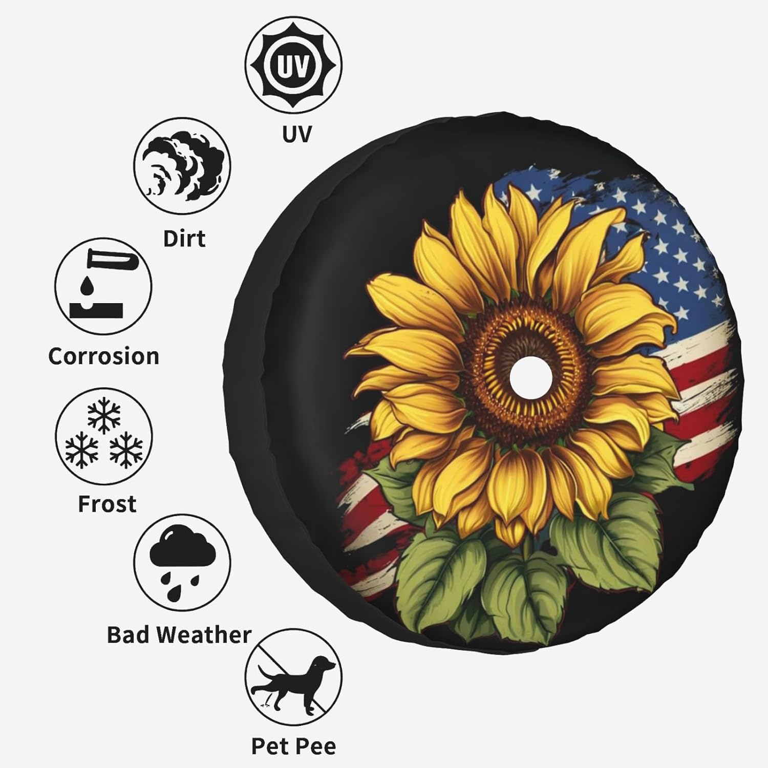 American Flag Sunflower Spare Tire Cover with Backup Camera Hole fit for Wrangler JL Leather Tire Wheel Protectors (17 inch)